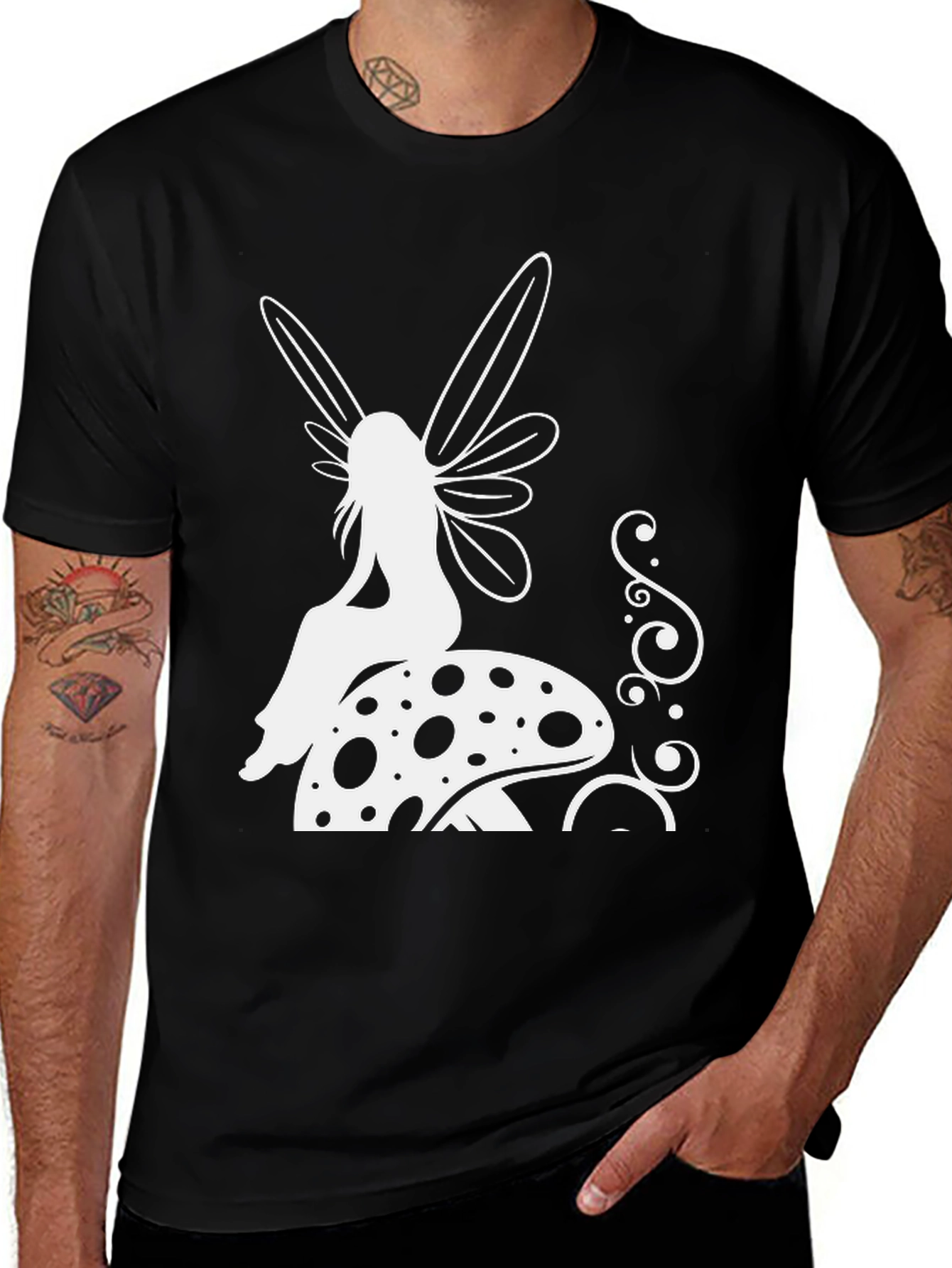 Variant 23 of Fairy on Mushroom Graphic Tee - Black Cotton Blend Shirt