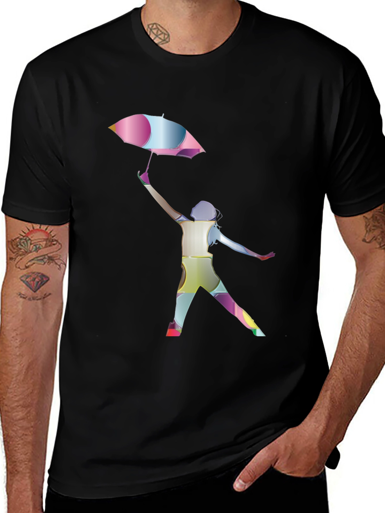 Variant 10 of Stylish Black T-Shirt with Colorful Umbrella Design