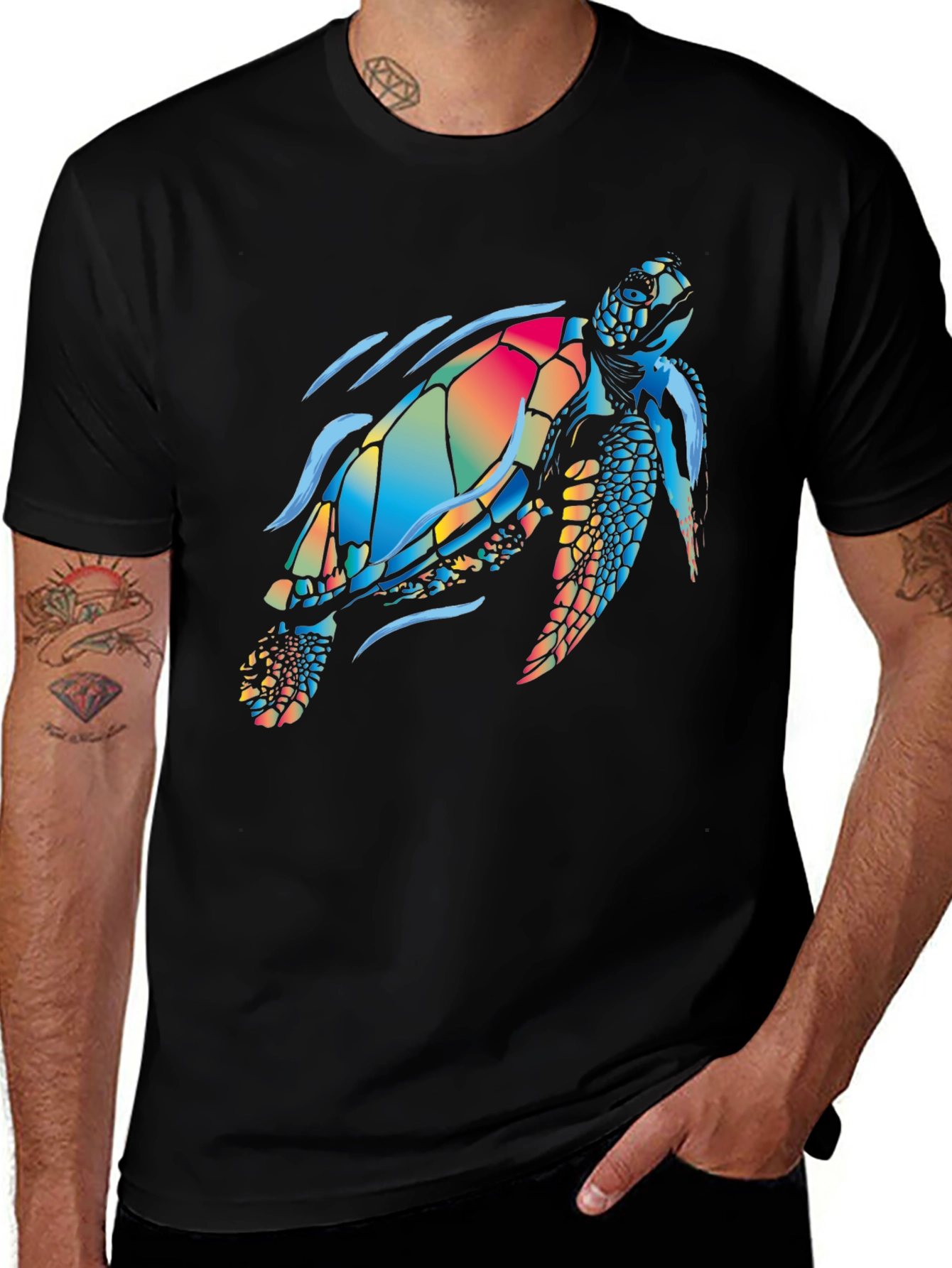 Variant 13 of Vibrant Sea Turtle Graphic Tee - Black Cotton T-Shirt