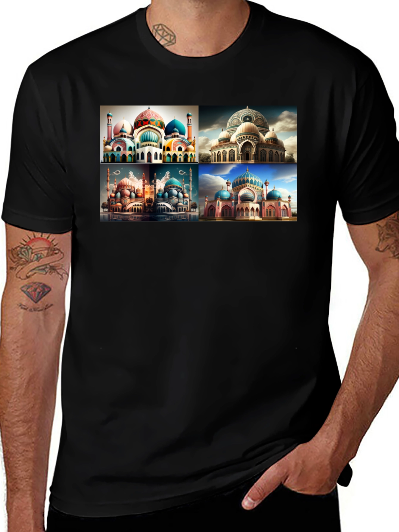 Variant 24 of Mosque Collage Graphic Tee - Men's Black T-Shirt