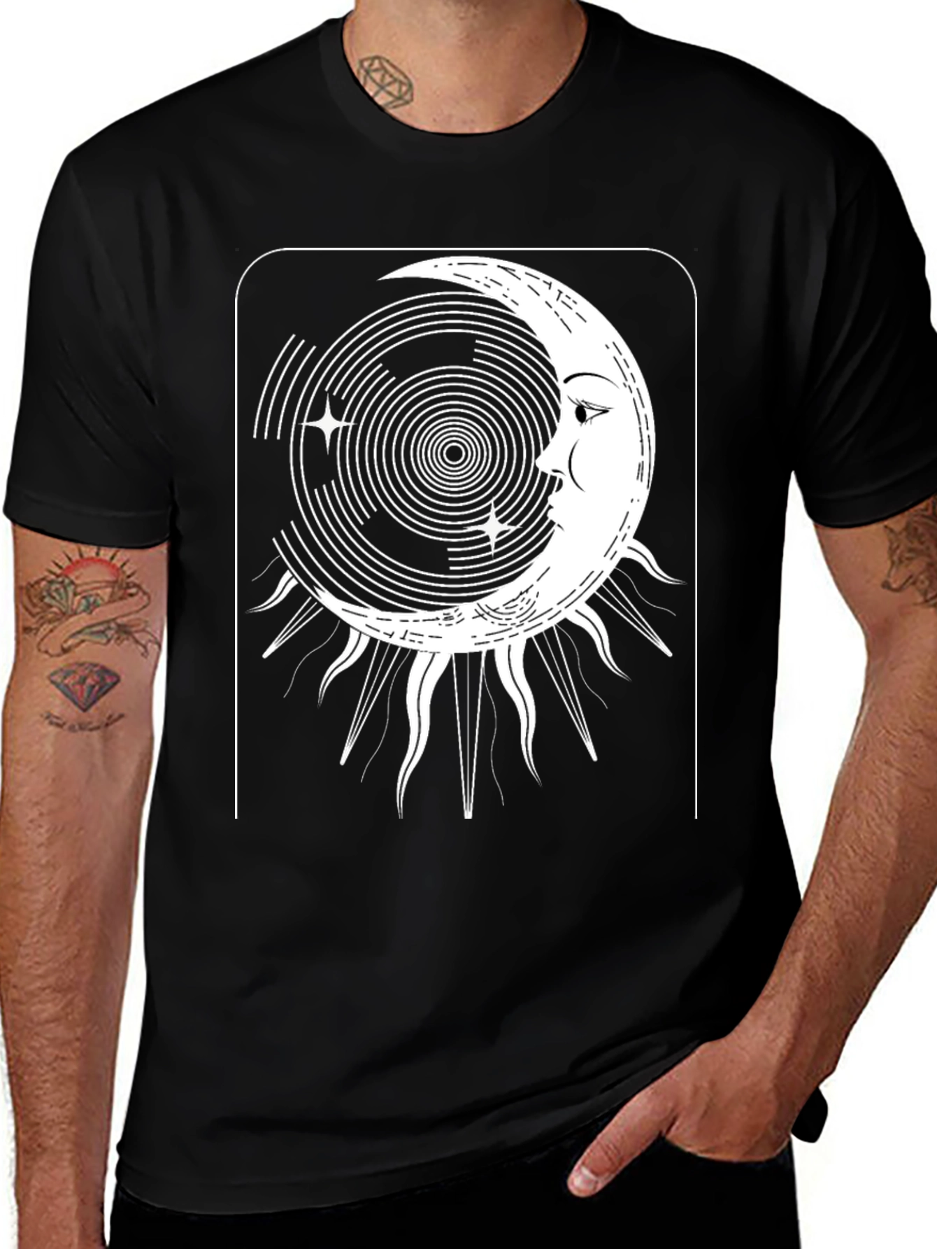 Variant 3 of Celestial Moon & Sun Graphic Tee - Black Cotton Shirt