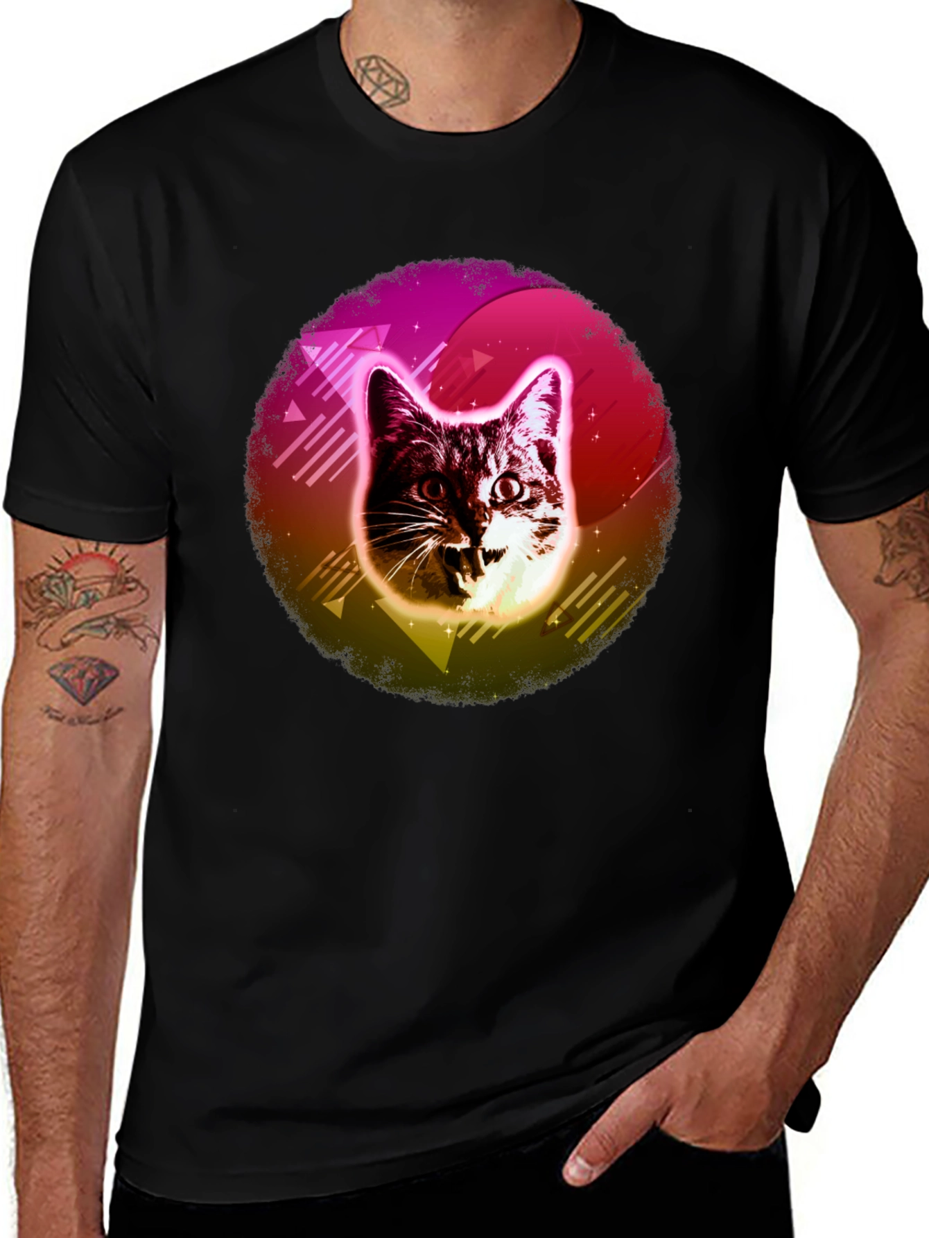 Black Retro Cat Graphic Tee - 80s Style main image