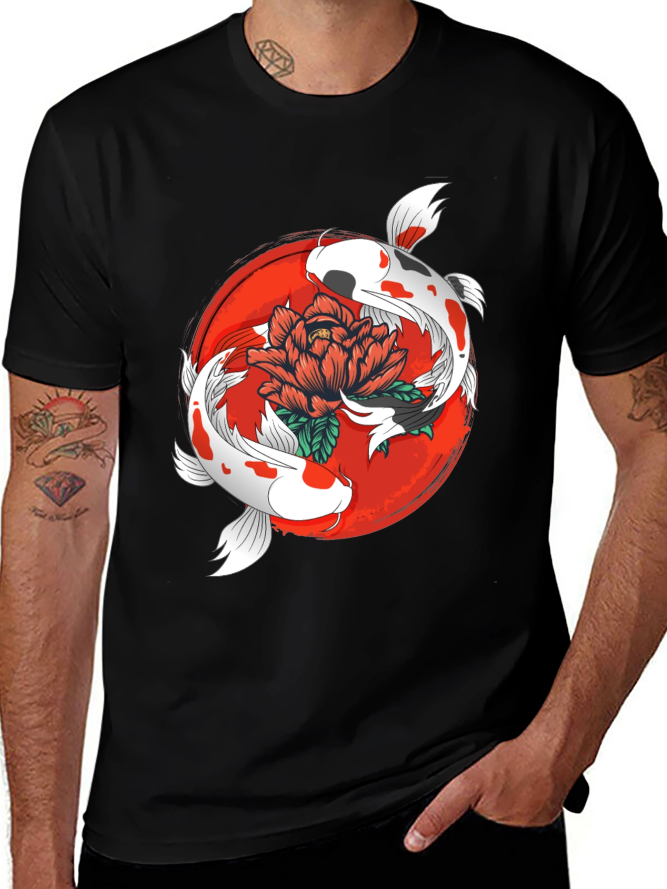 Variant 9 of Koi Fish & Floral Graphic Black T-Shirt