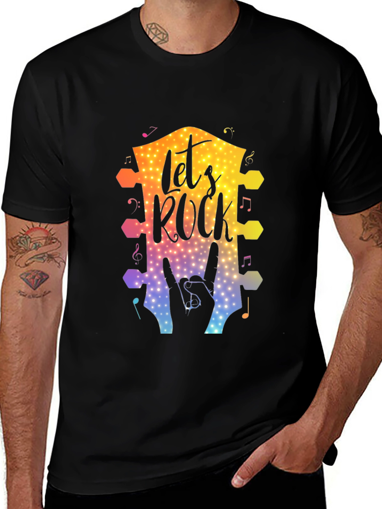 Black Let's Rock Graphic T-Shirt, Music Lover Tee main image