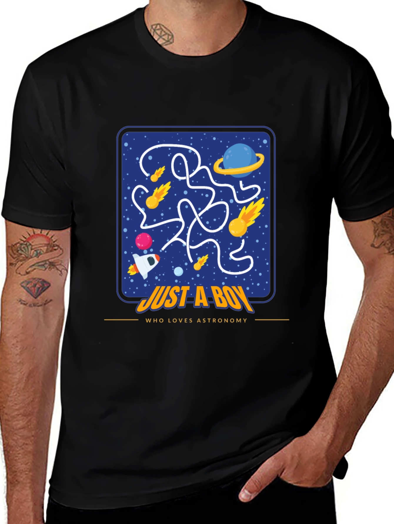 Black Astronomy Lover Boy T-Shirt, Space Maze Design main image