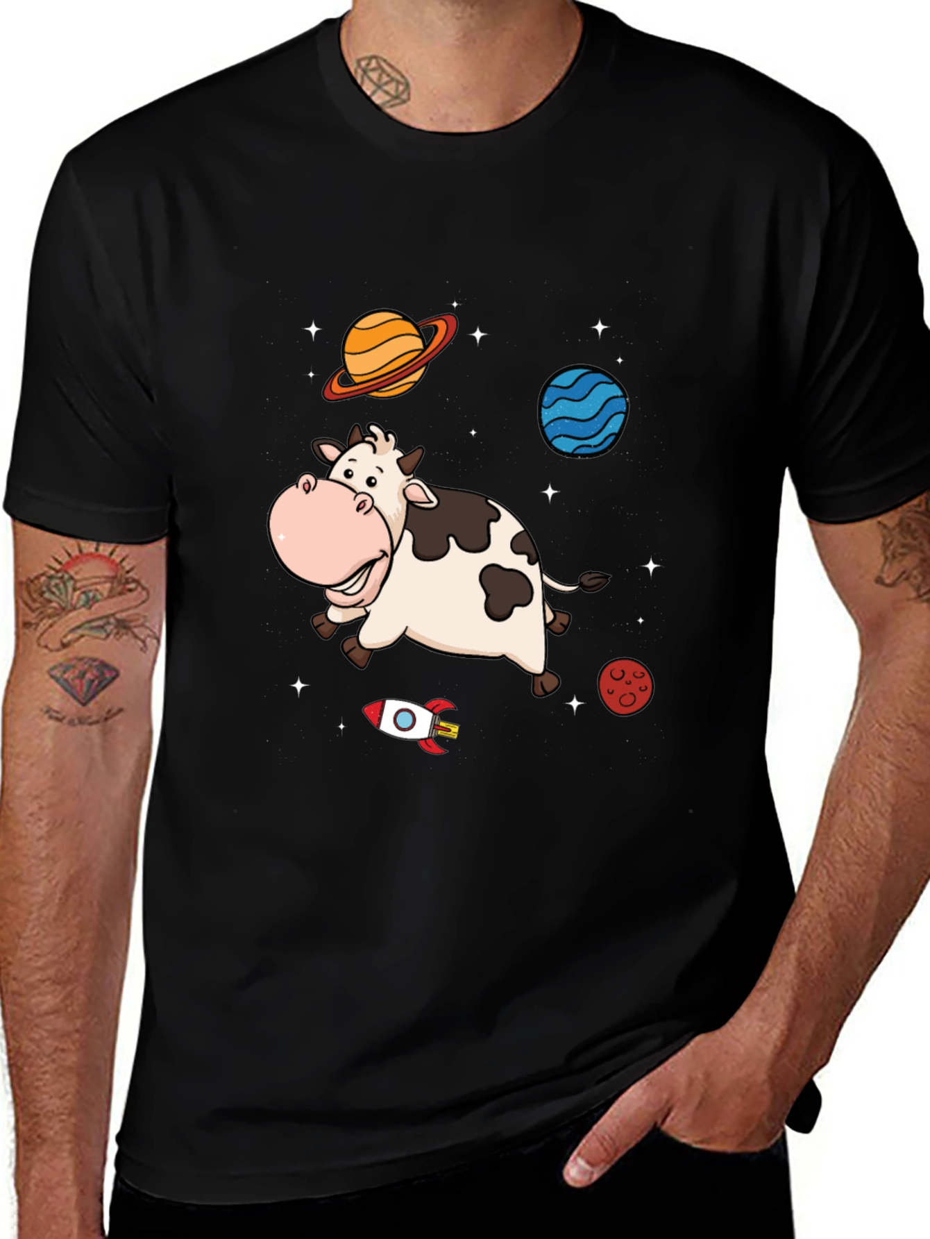 Variant 28 of Space Cow Graphic Tee - Black Cotton T-Shirt