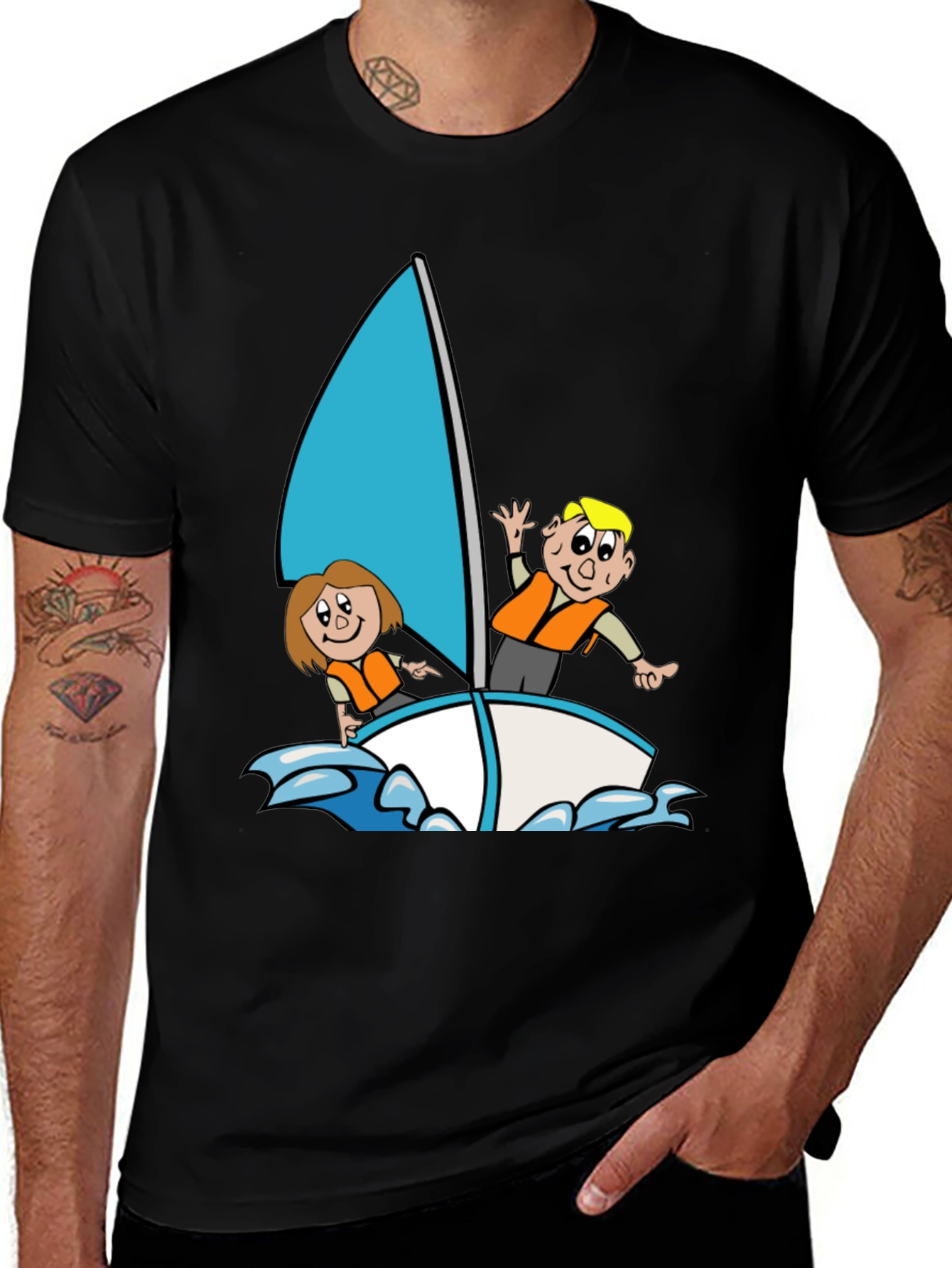 Variant 29 of Cartoon Sailboat Graphic T-Shirt - Black Crew Neck