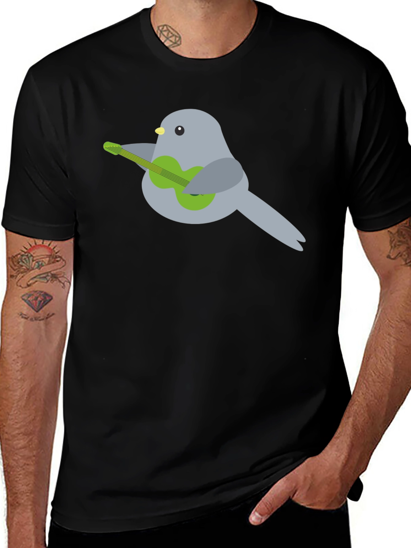 Variant 26 of Bird Playing Guitar Graphic Tee - Black Cotton T-Shirt
