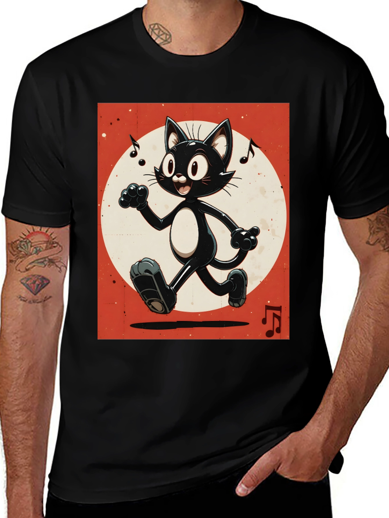 Retro Cartoon Cat T-Shirt - Black, Music Notes Design