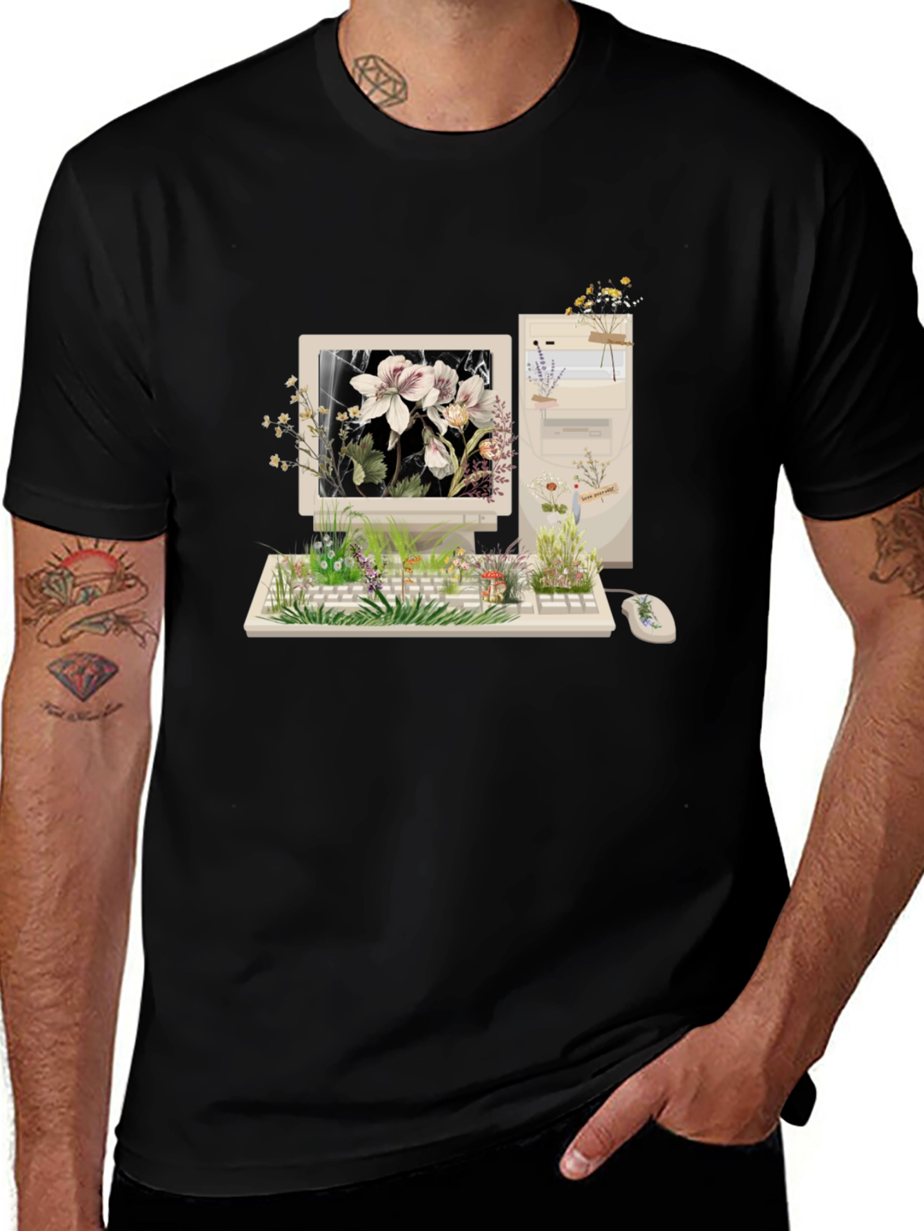 Vintage Computer with Floral Design T-Shirt