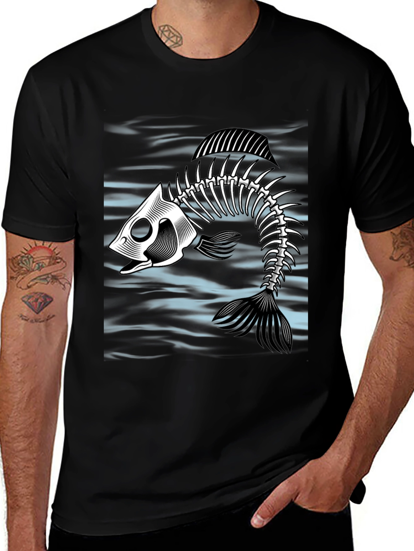 Variant 20 of Fish Skeleton Graphic Tee - Black Cotton
