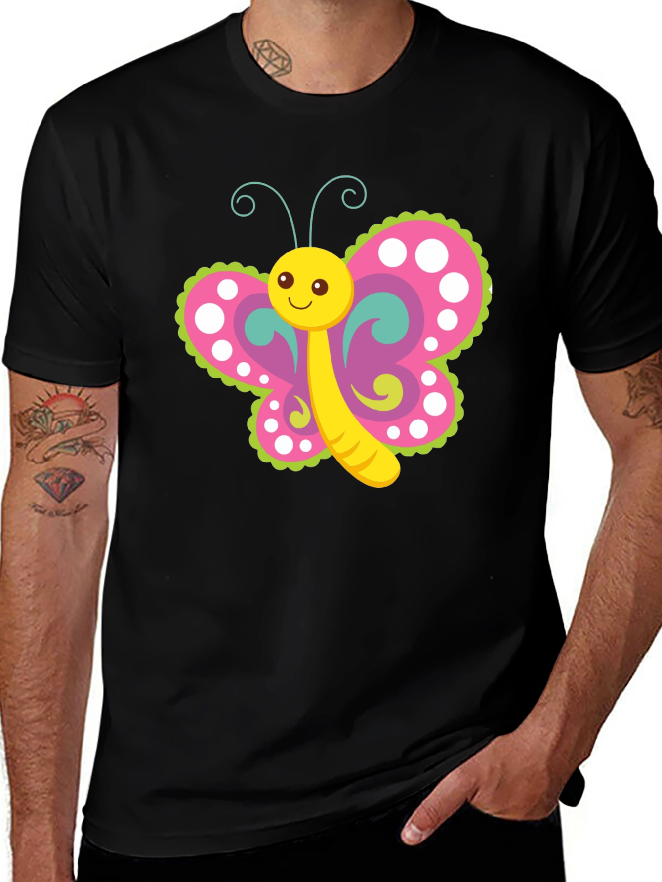 Variant 9 of Cartoon Butterfly Graphic T-Shirt - Black