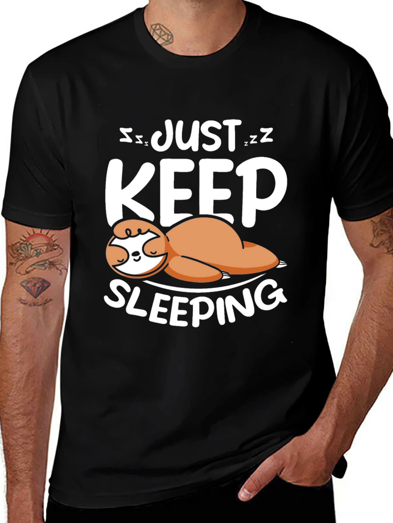 Variant 28 of Just Keep Sleeping Sloth Tee - Black Cotton Comfort