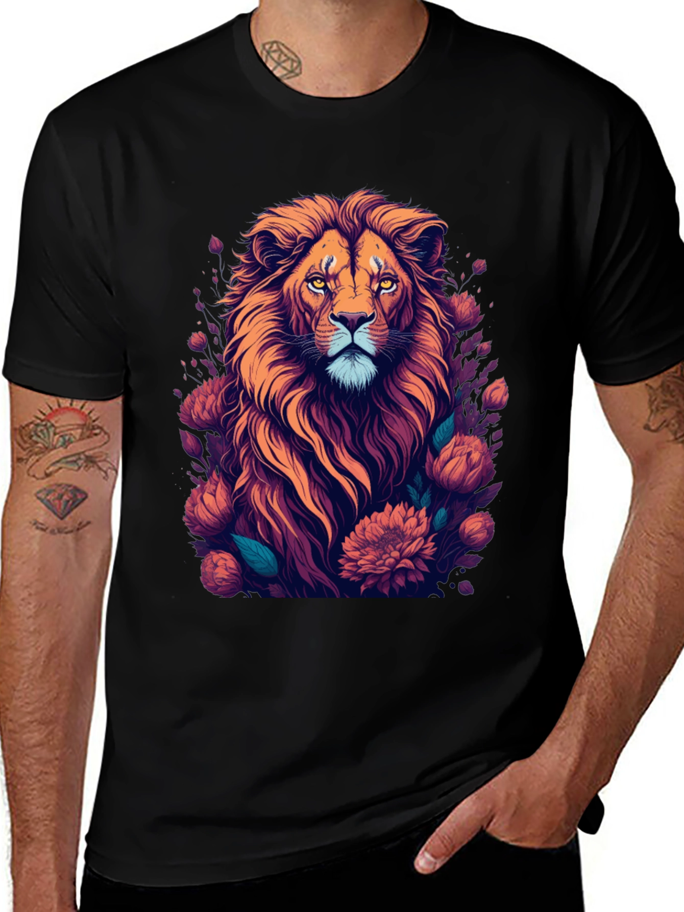 Variant 10 of Floral Lion Graphic Tee - Stylish Men's Black T-Shirt