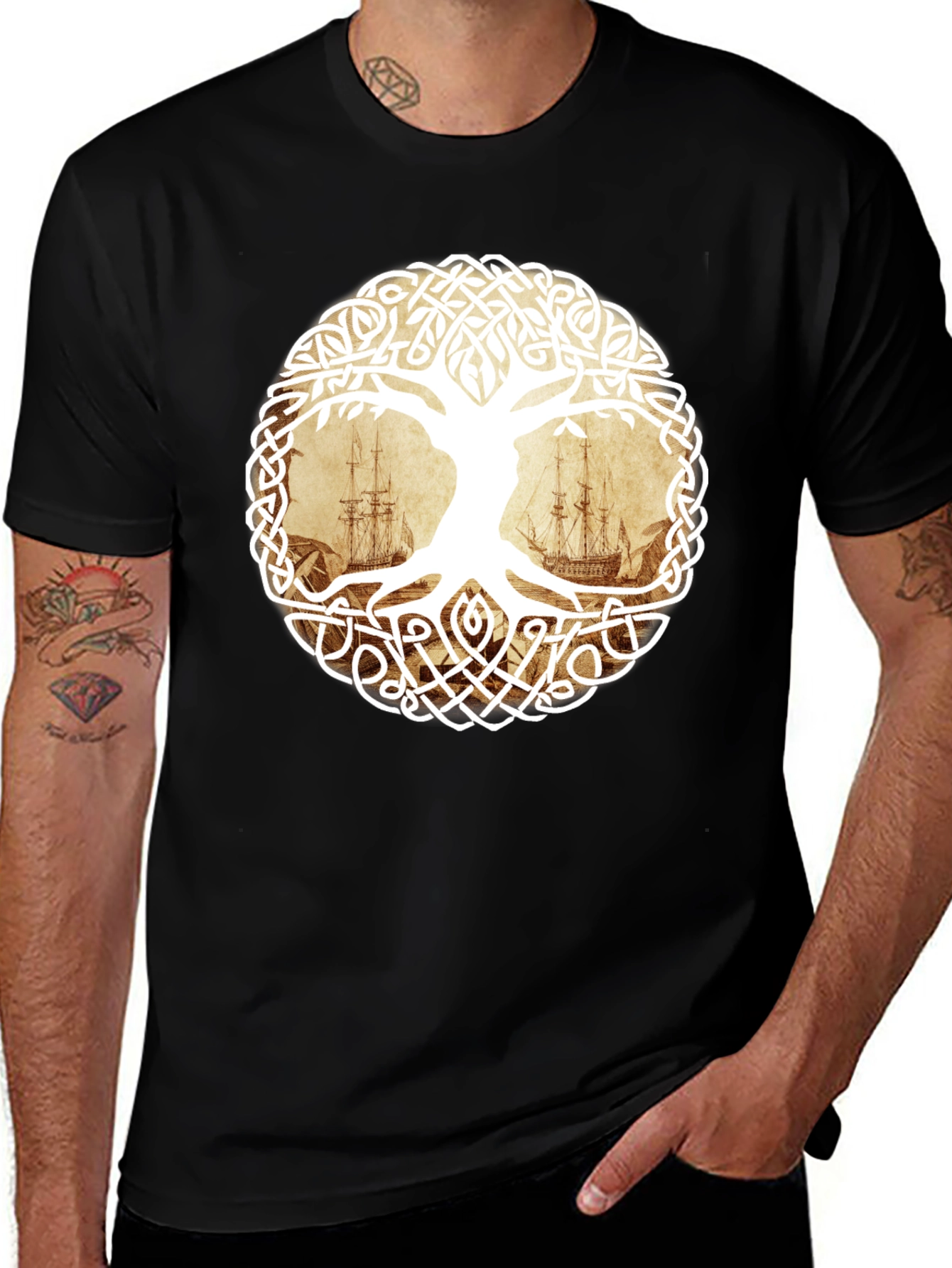 Celtic Tree of Life Pirate Ship Graphic T-Shirt