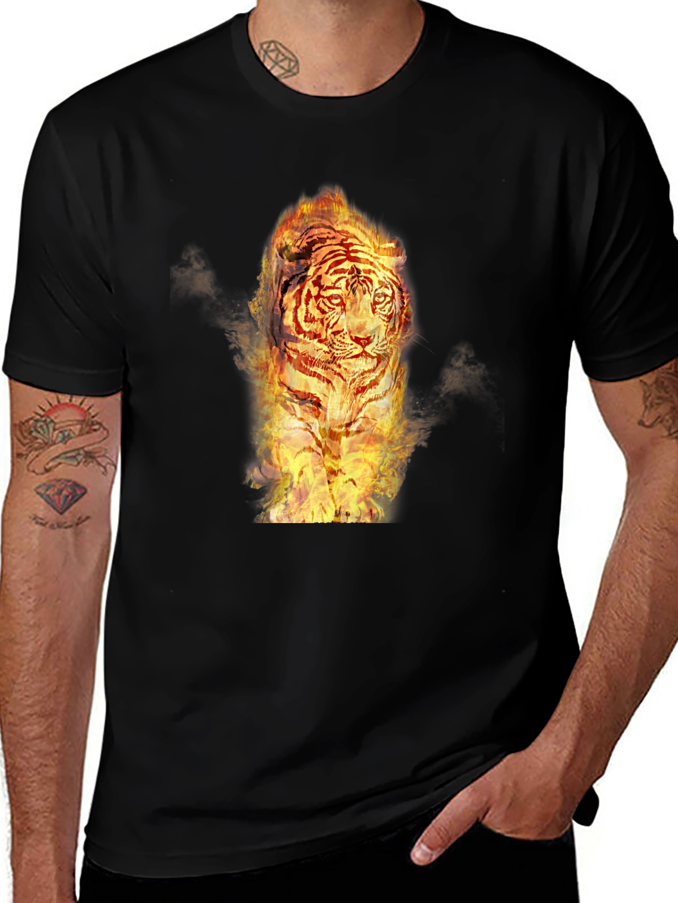 Variant 14 of Fiery Tiger Graphic Tee - Bold Black Cotton T-Shirt