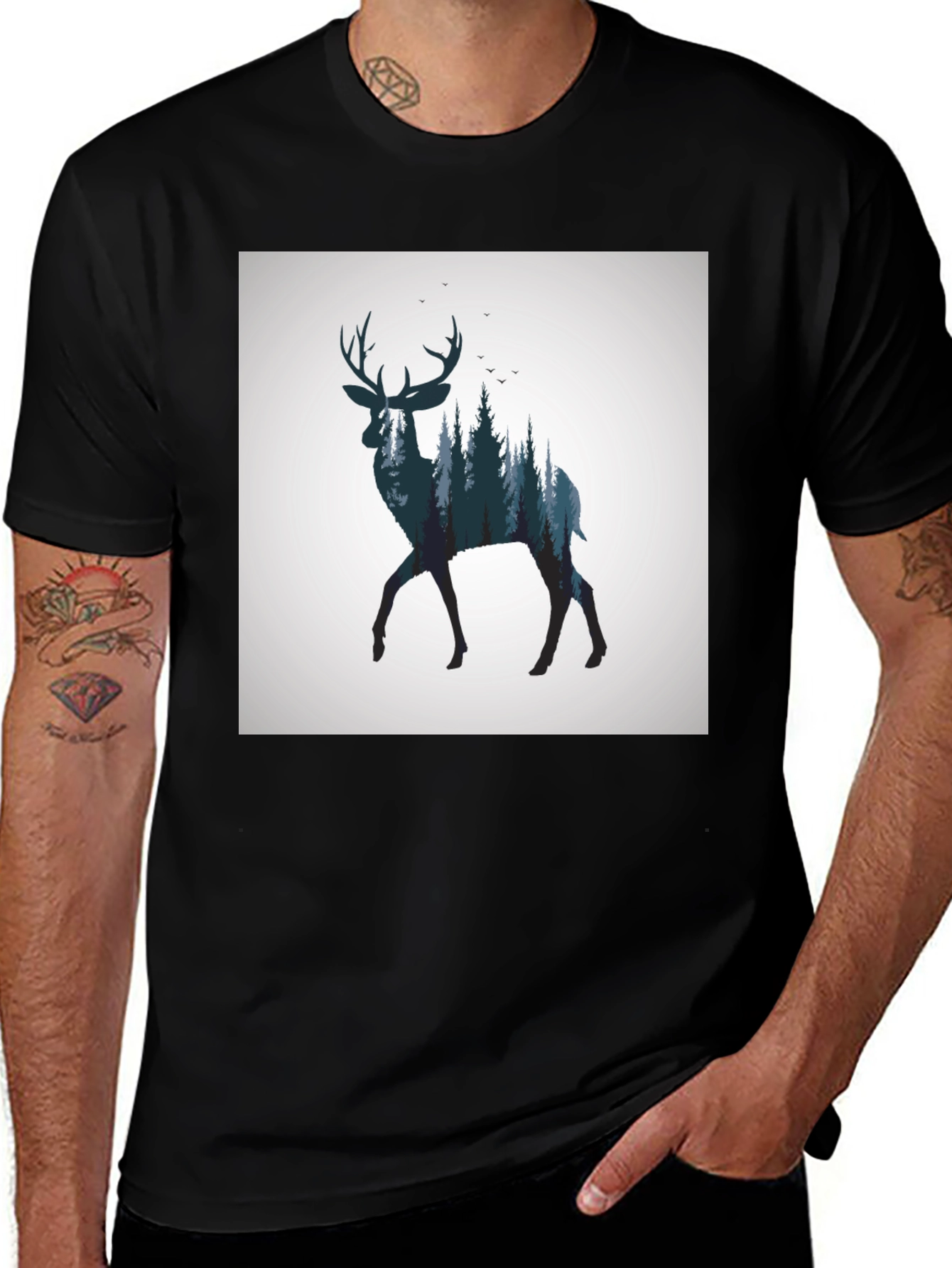 Variant 6 of Deer Forest Graphic Print Black T-Shirt