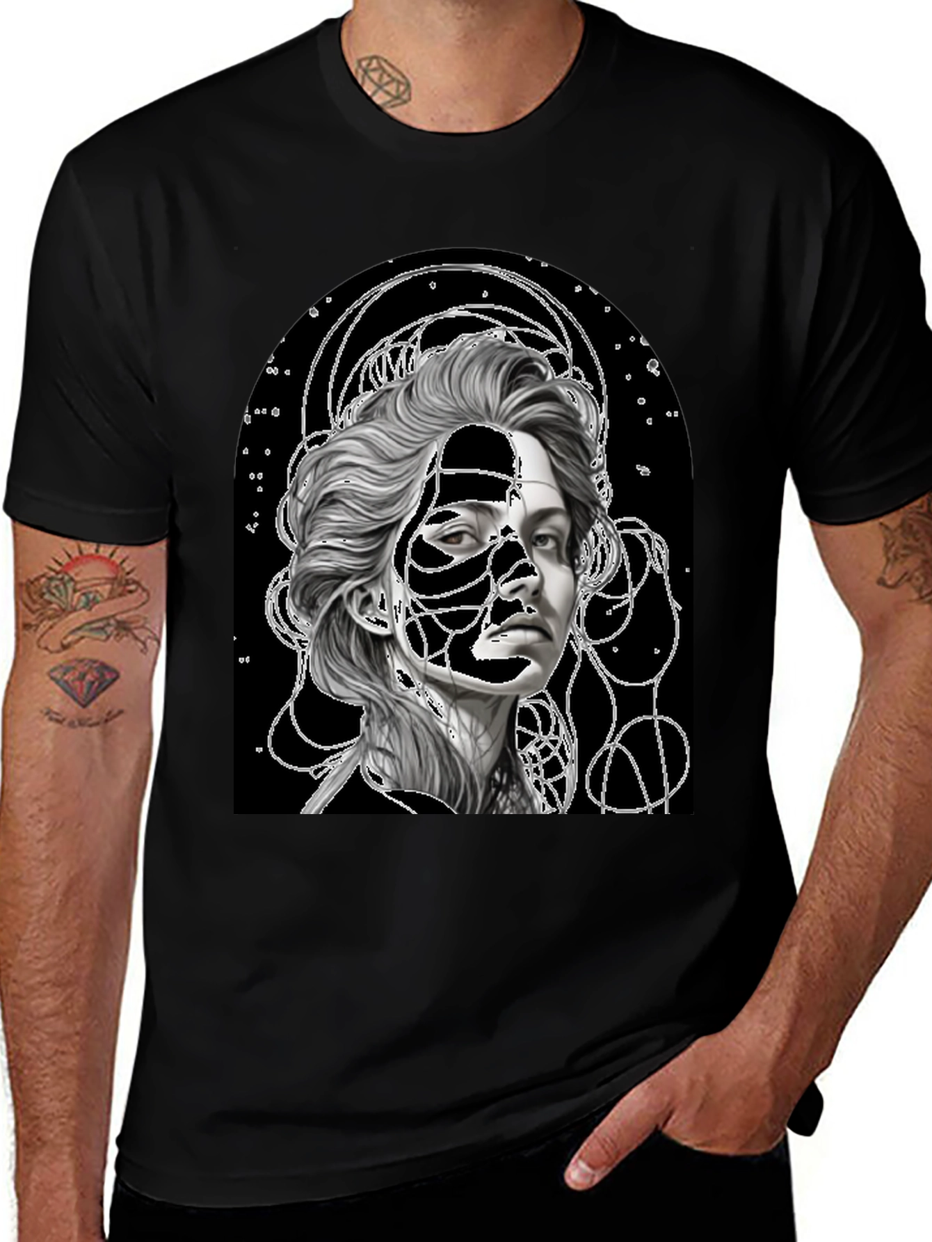 Black Abstract Portrait Graphic Tee - Stylish Black T-Shirt main image