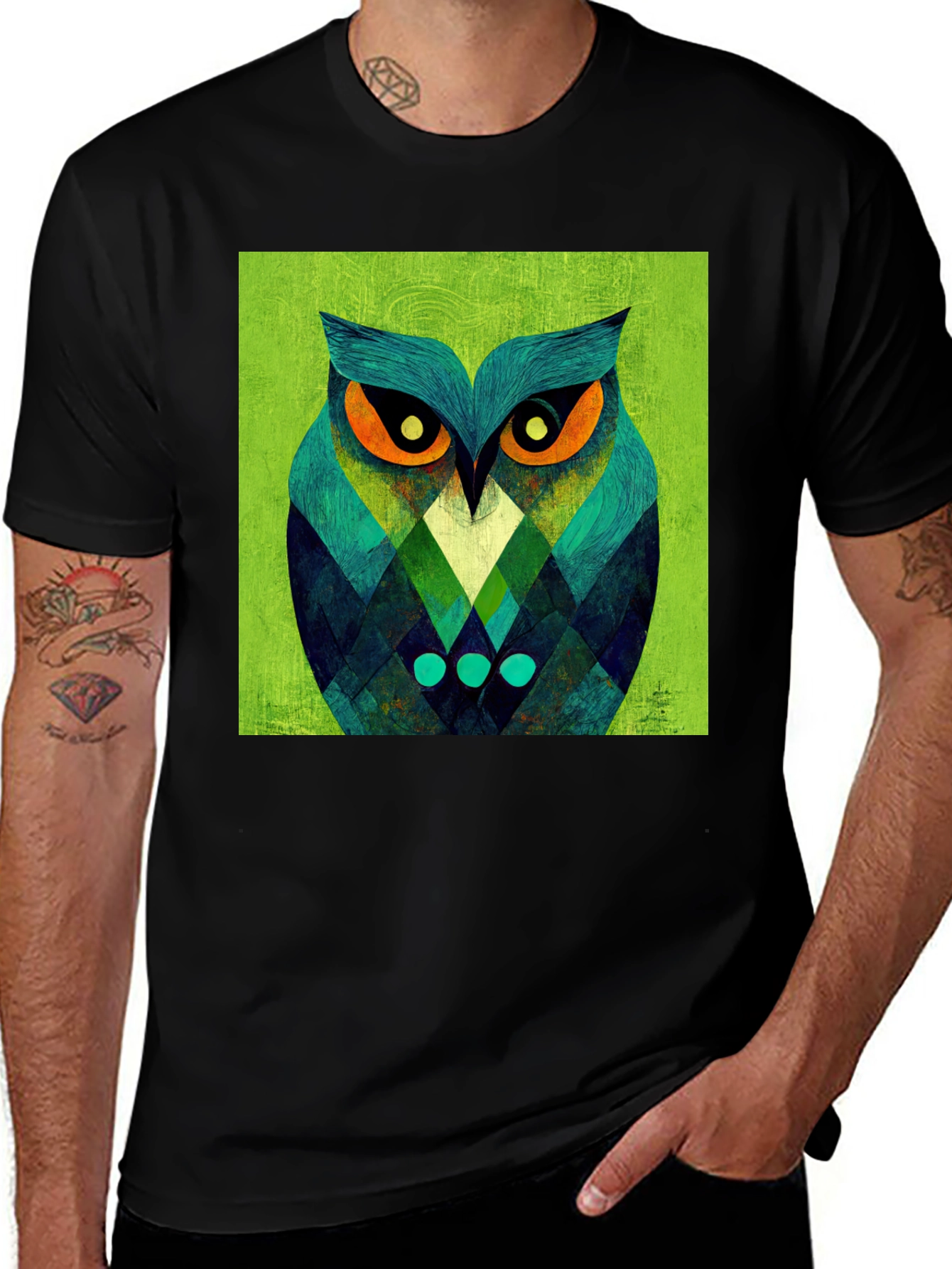 Variant 4 of Geometric Owl Graphic Tee - Black Cotton Blend