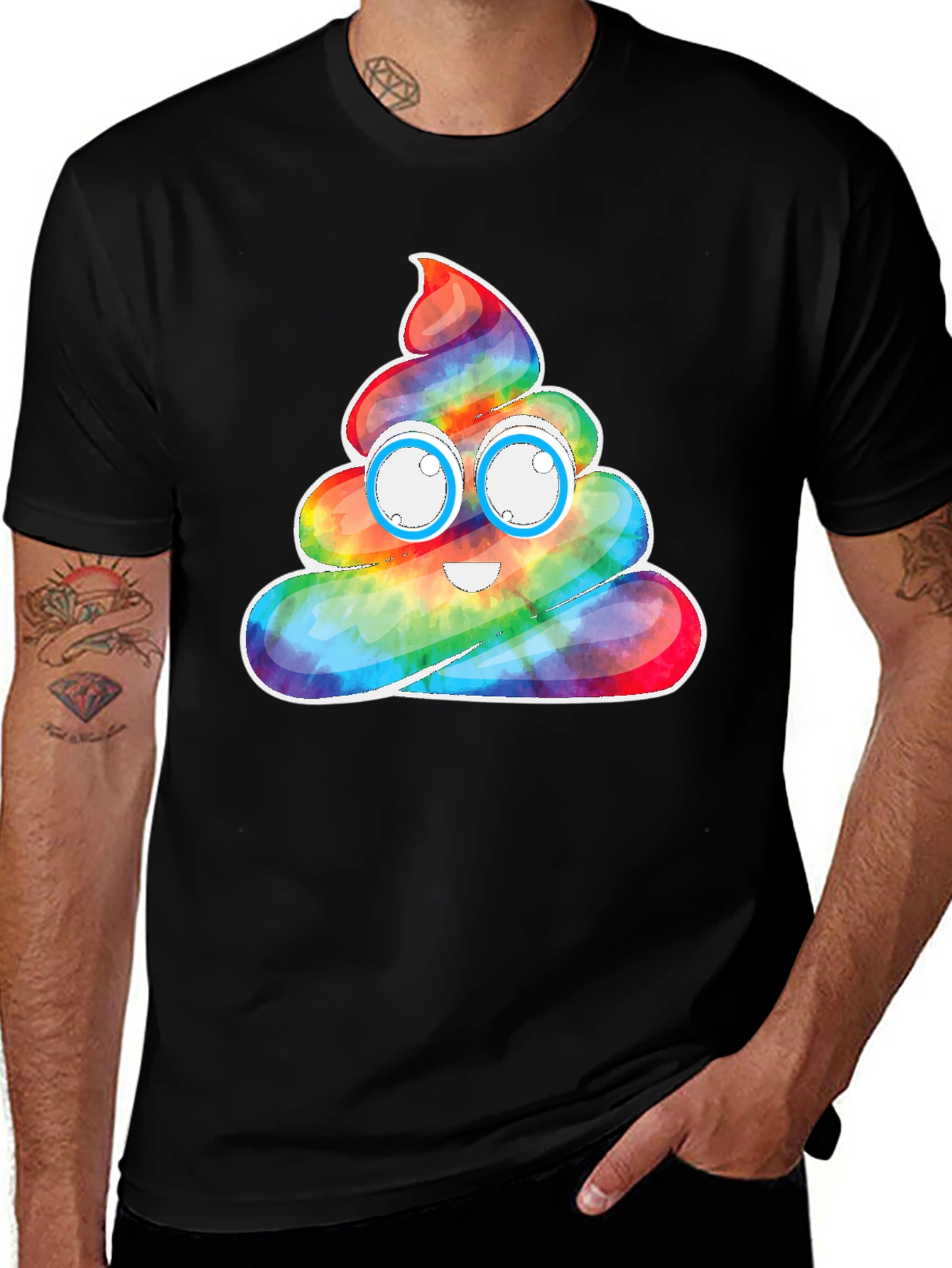 Variant 11 of Rainbow Poop Emoji Graphic Tee - Black Cotton T-Shirt