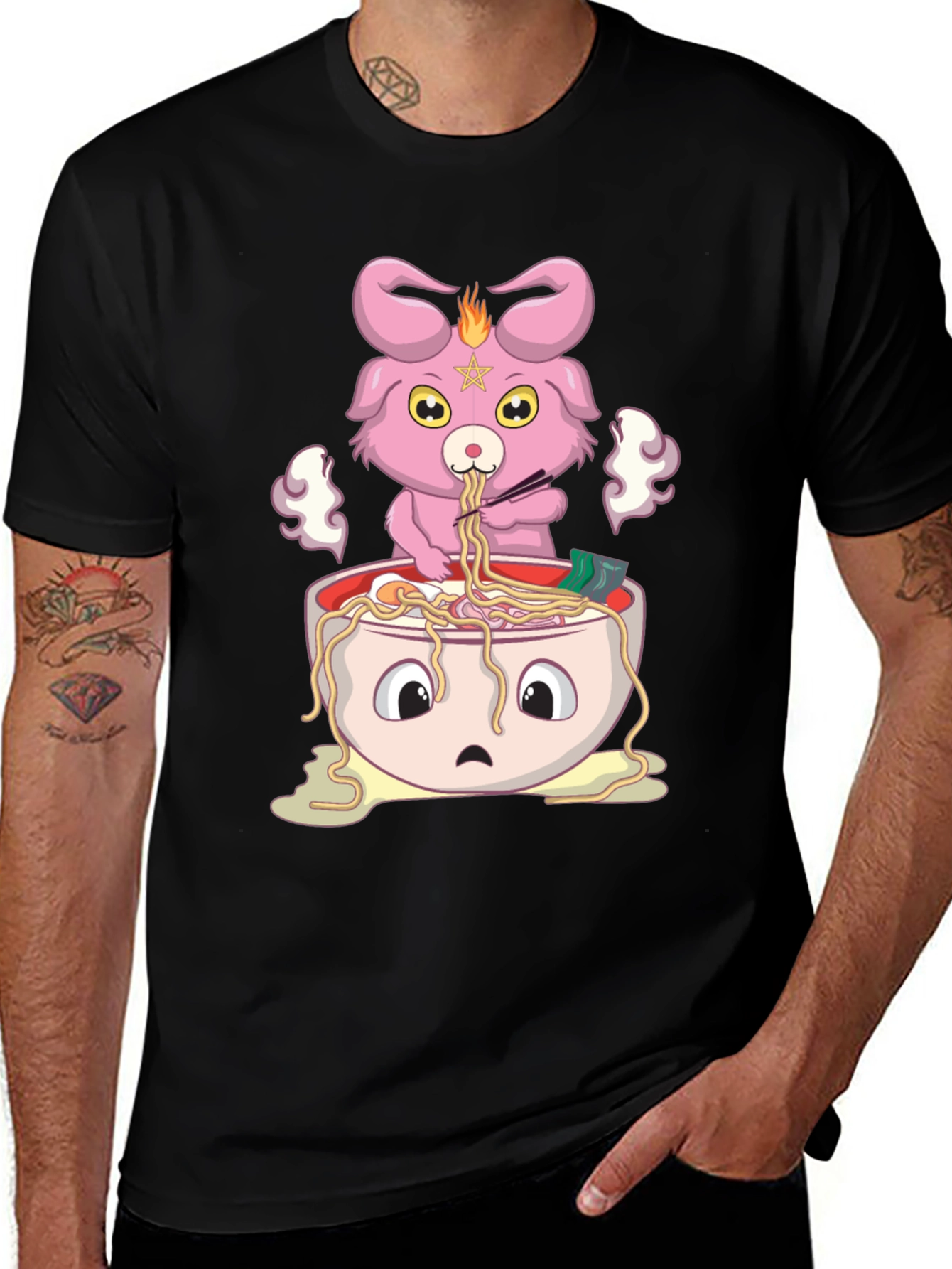 Cute Baphomet Ramen Bowl Black T-Shirt