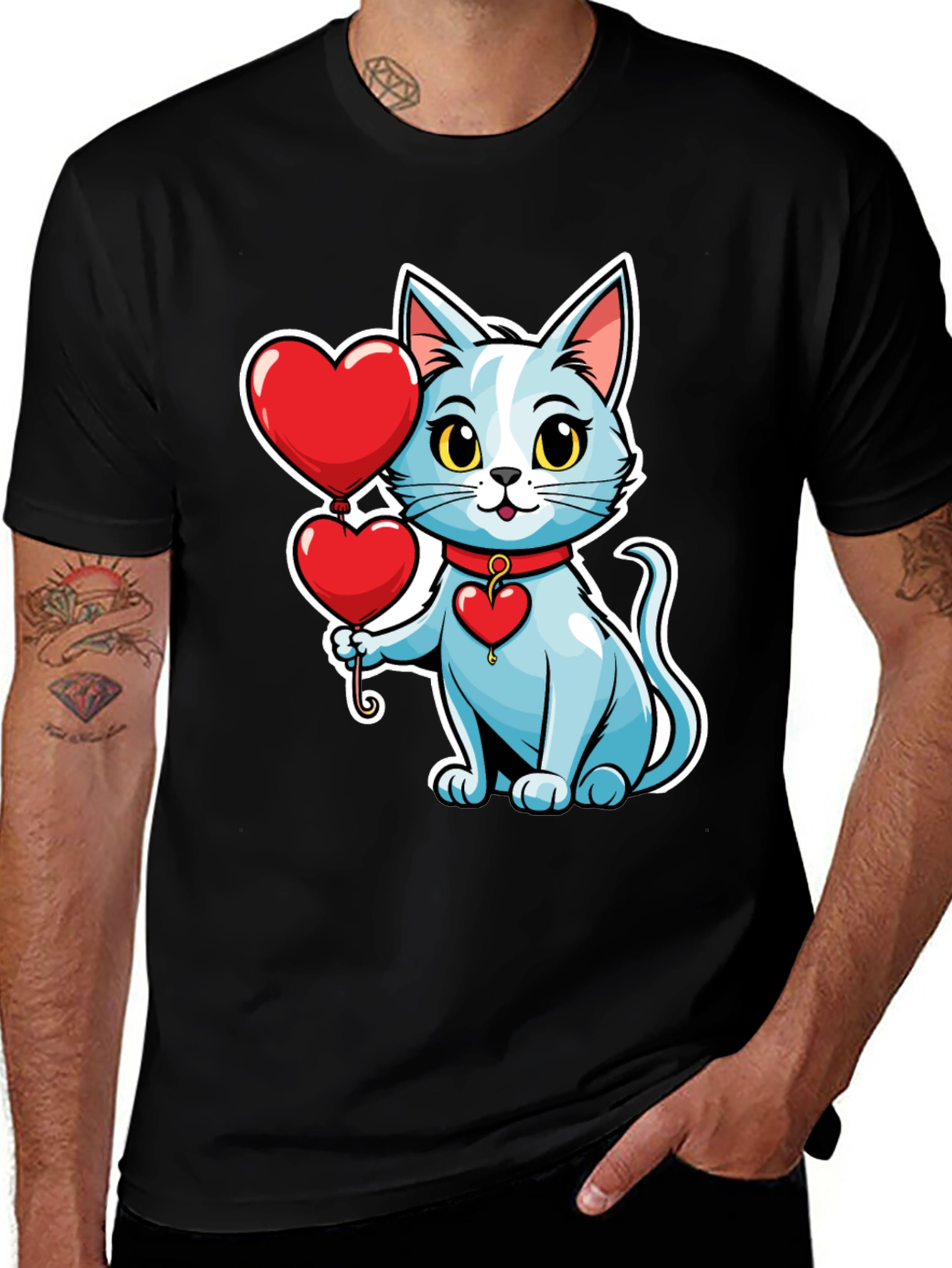 Variant 29 of Cute Cat with Heart Balloons Black T-Shirt
