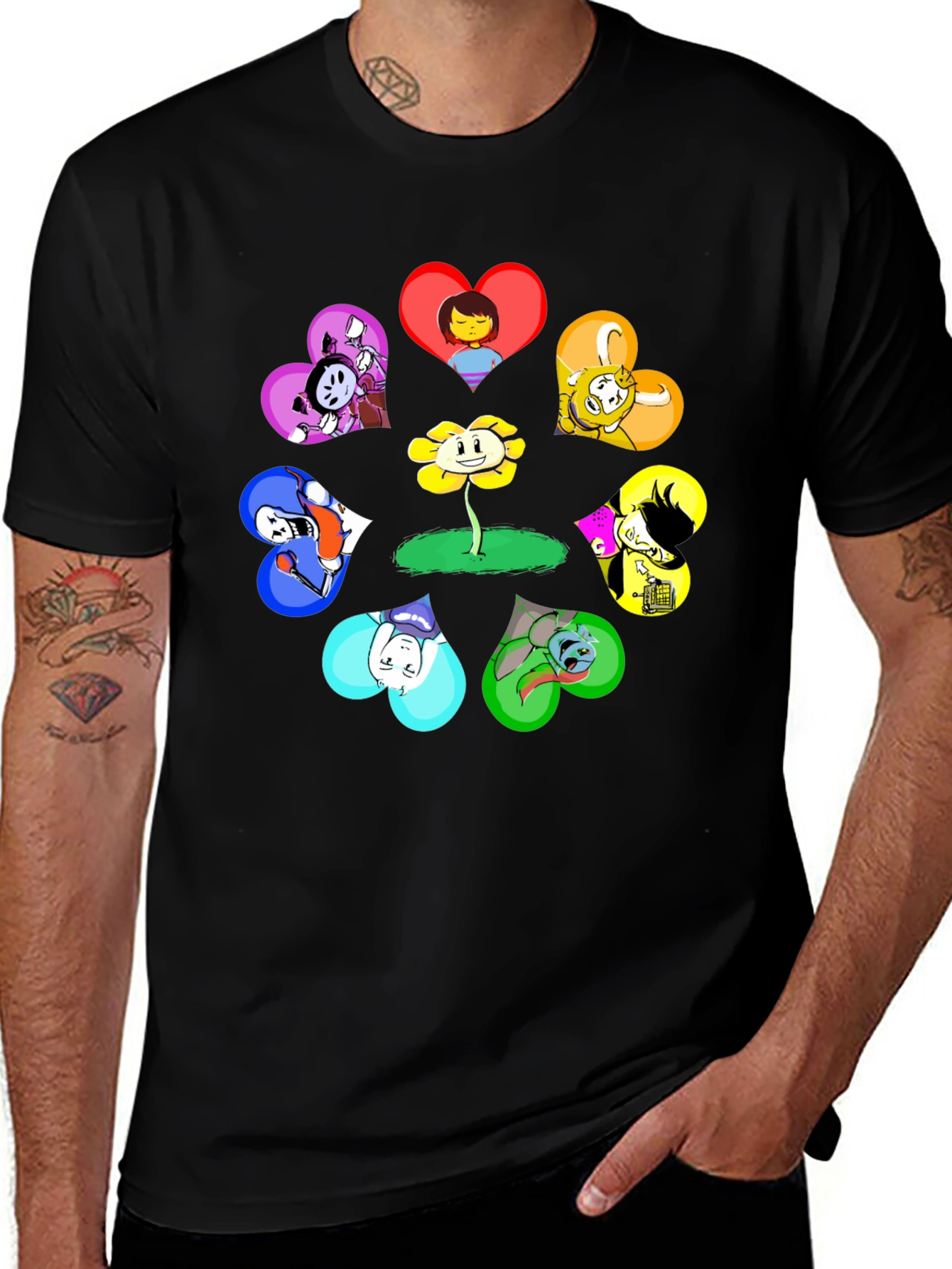 Undertale Characters Heart Flower Black T-Shirt