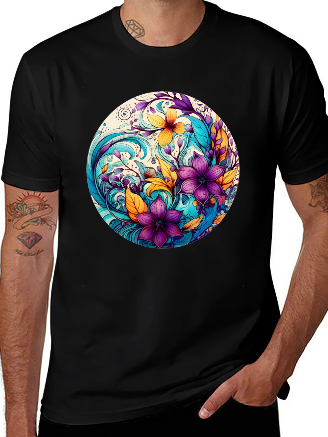 Variant 10 of Floral Swirl Graphic Black T-Shirt