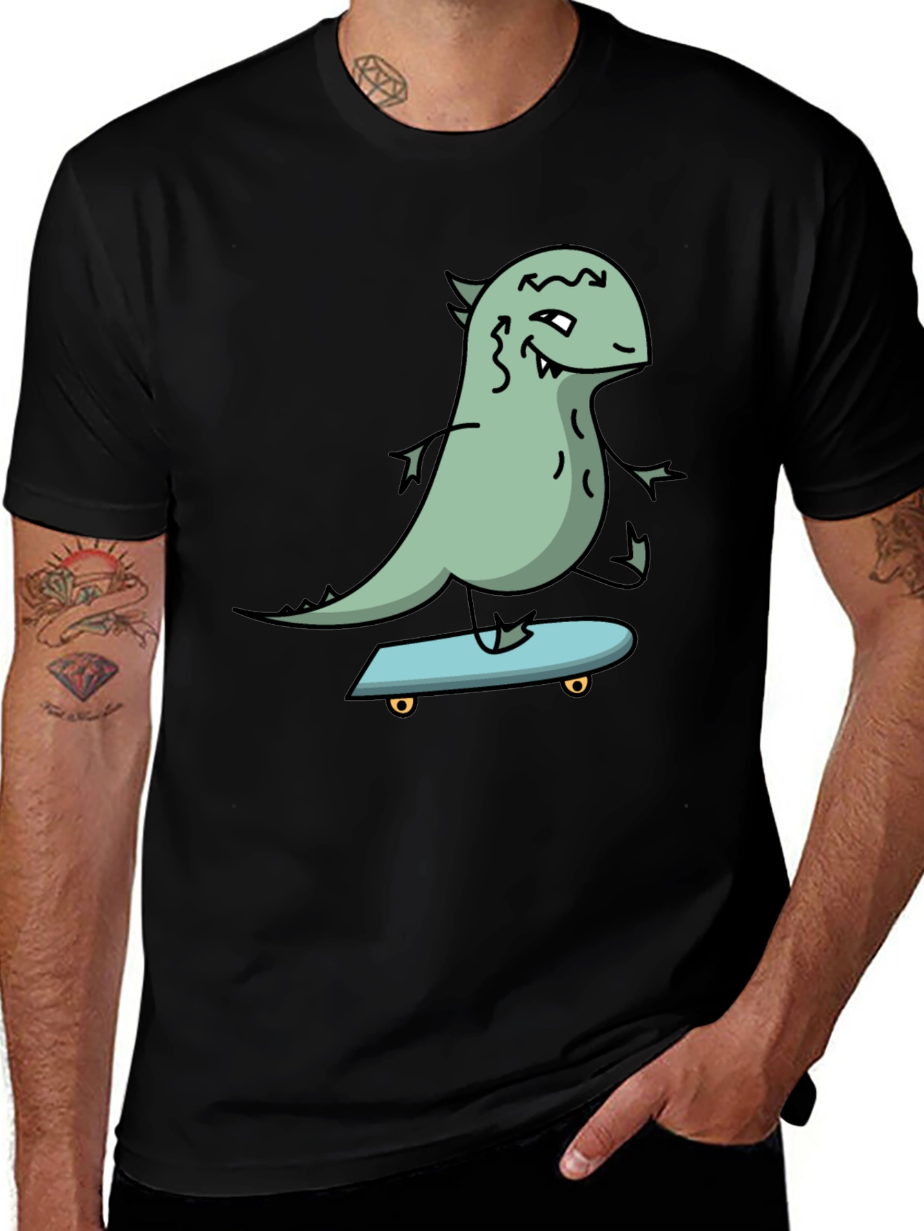 Variant 6 of Dino Skateboarder Graphic Tee - Black Cotton T-Shirt