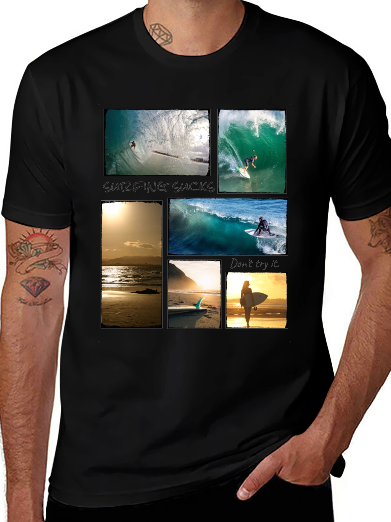 Variant 20 of Surfing Collage Graphic Tee - Black Cotton T-Shirt