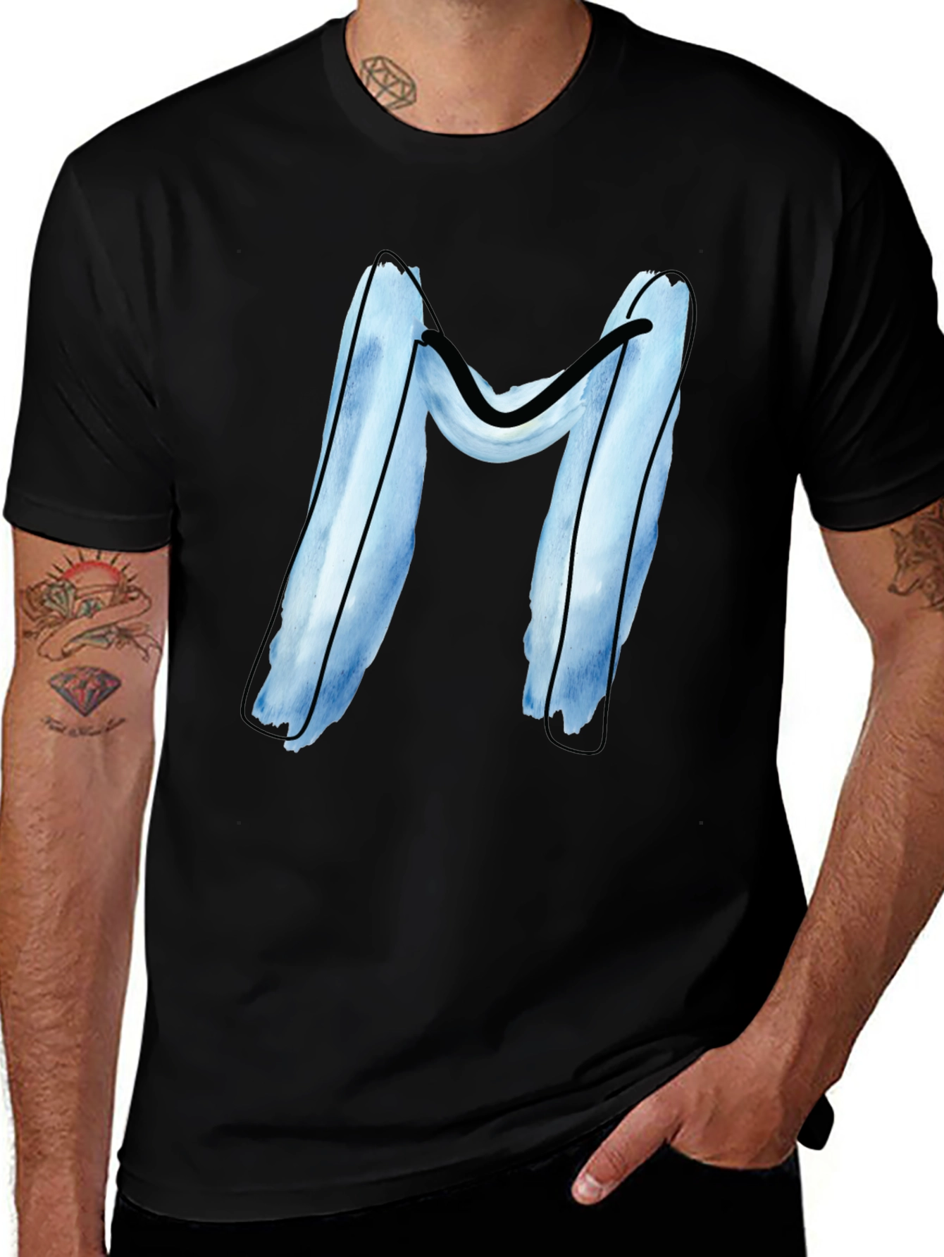 Variant 17 of Blue Letter M Graphic Black T-Shirt