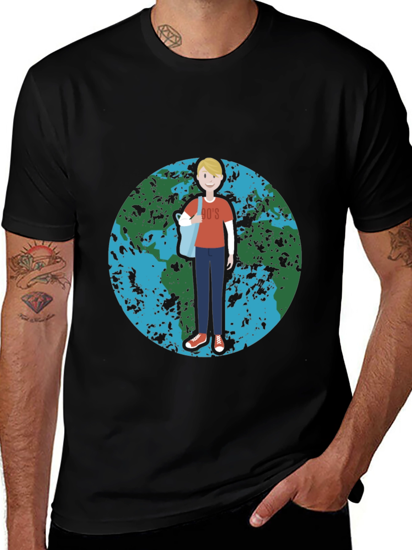 Variant 26 of Retro 90's Cartoon Earth Graphic Black T-Shirt