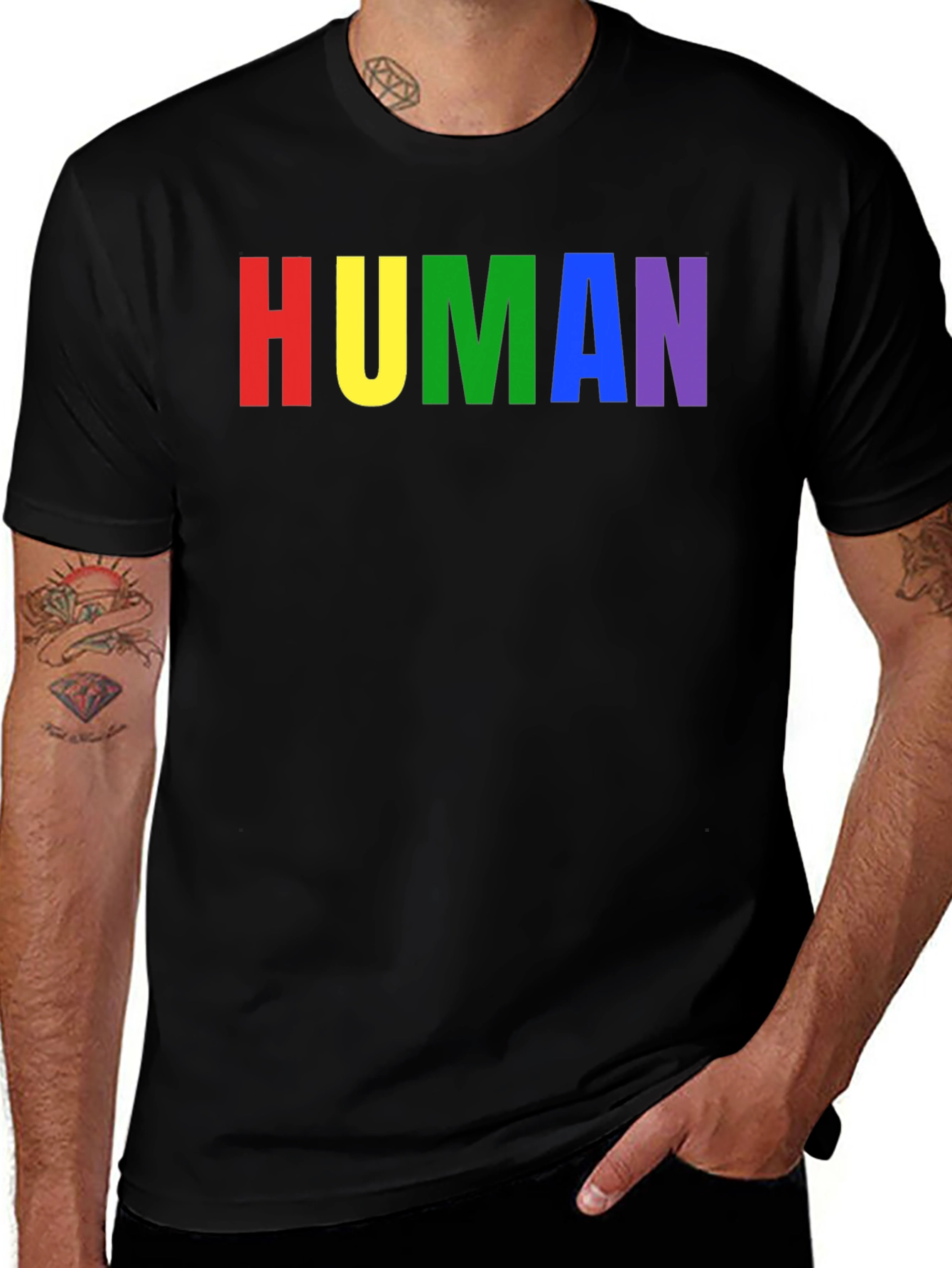 Variant 23 of HUMAN Pride T-Shirt - Rainbow Letters - Black
