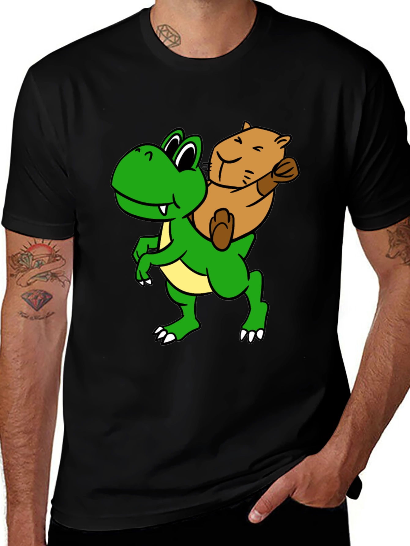 Variant 22 of Cartoon Dinosaur & Otter Graphic T-Shirt - Fun Black Tee