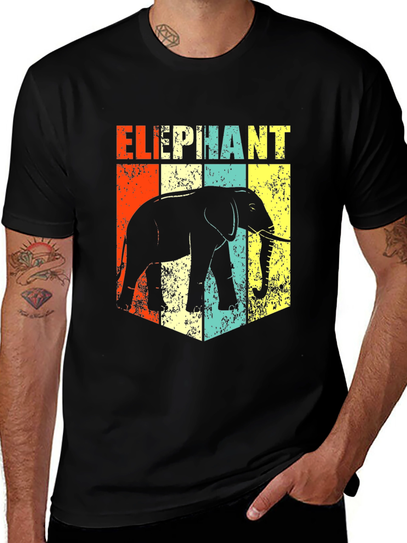 Variant 9 of Retro Elephant Graphic Print Black T-Shirt