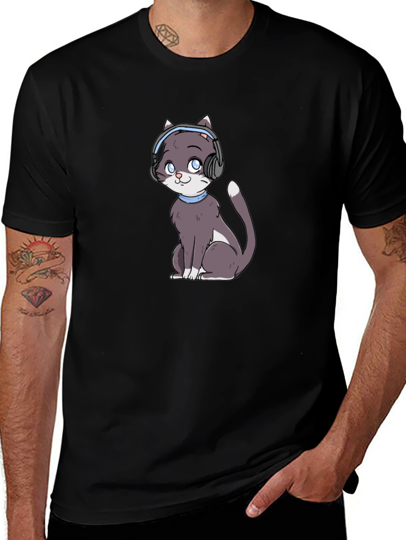 Black Cat with Headphones Black T-Shirt main image