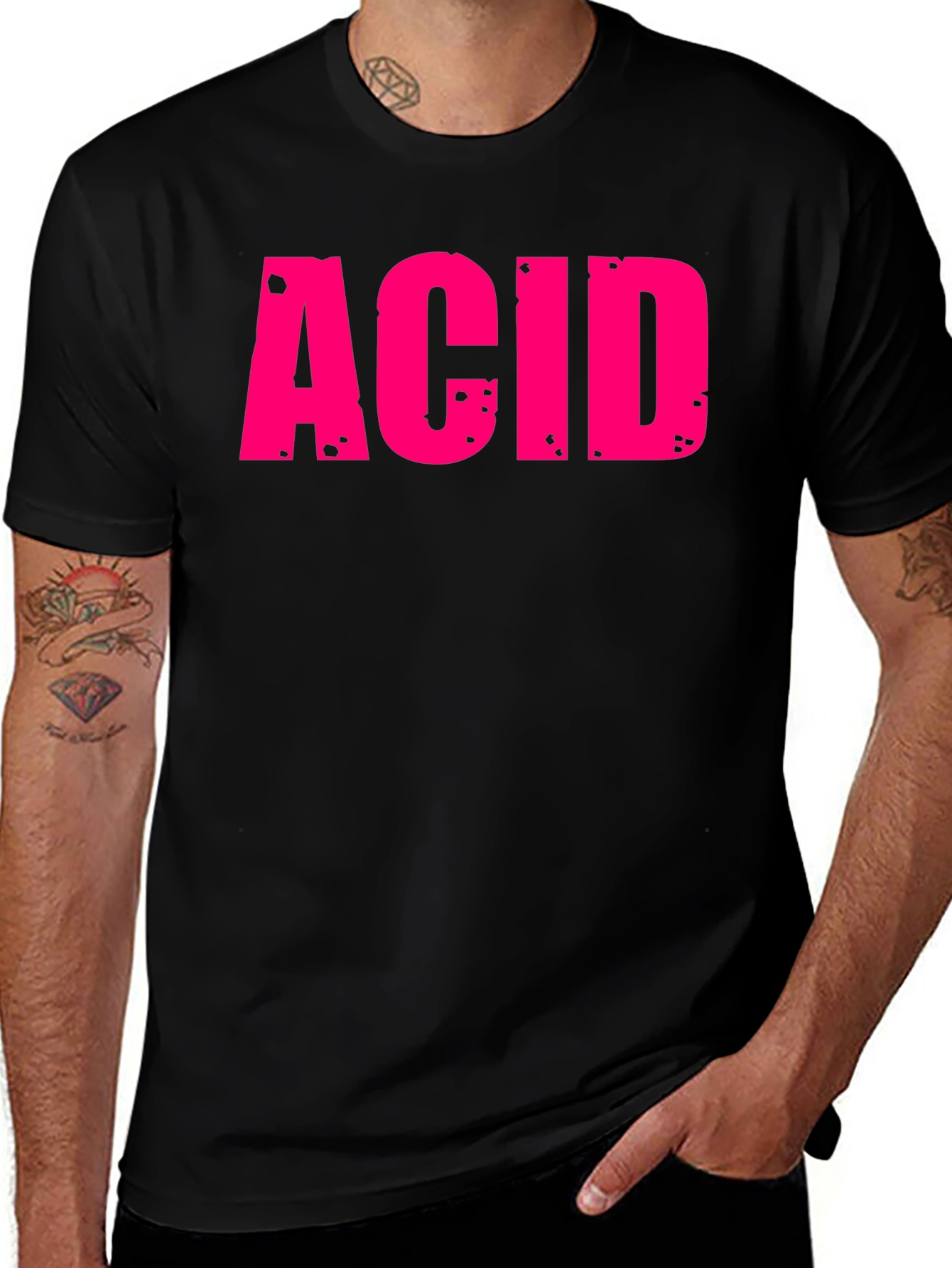 Variant 26 of Acid Pink Text Graphic Black T-Shirt