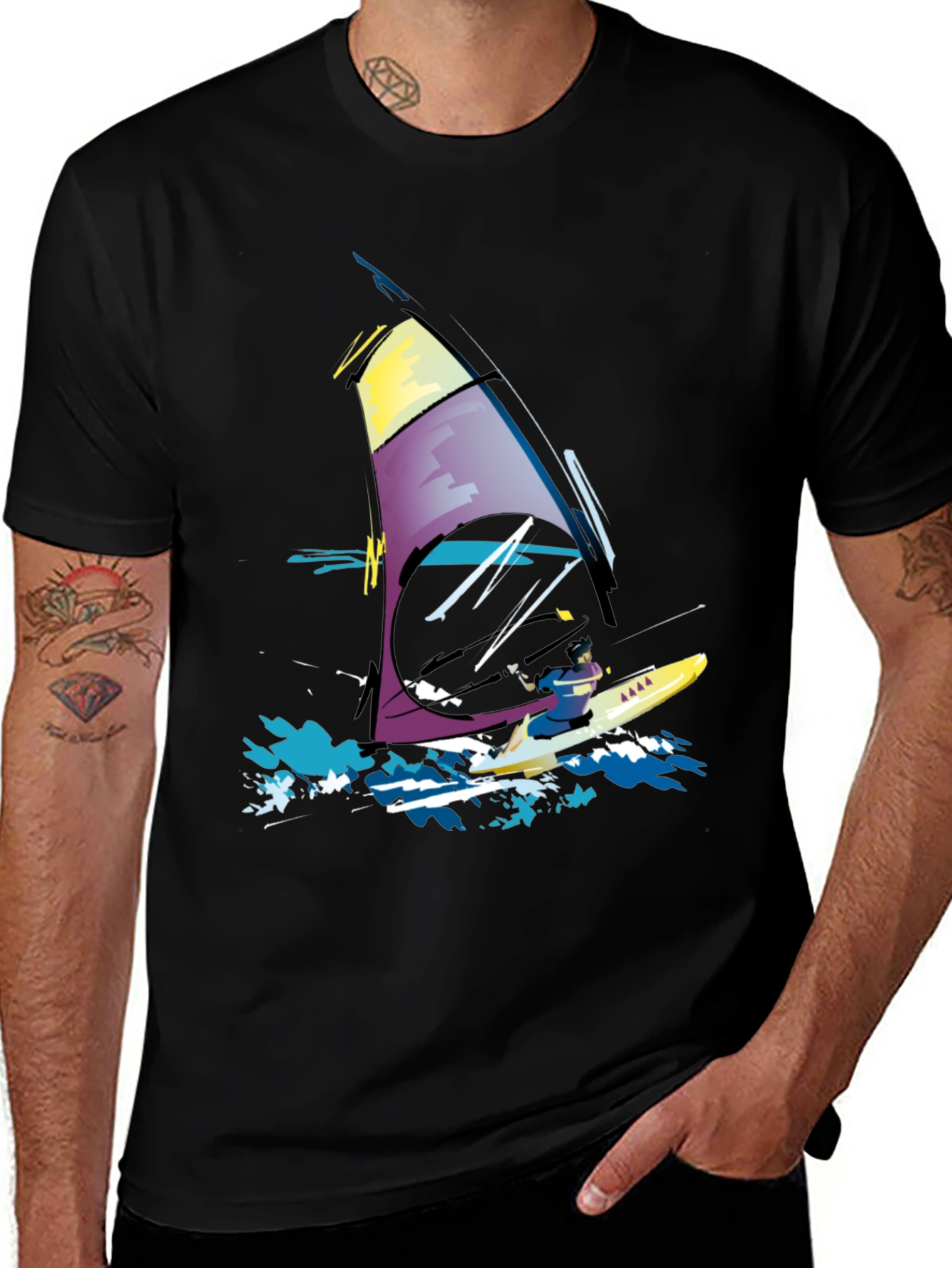 Variant 8 of Windsurfing Graphic Tee - Black Cotton T-Shirt