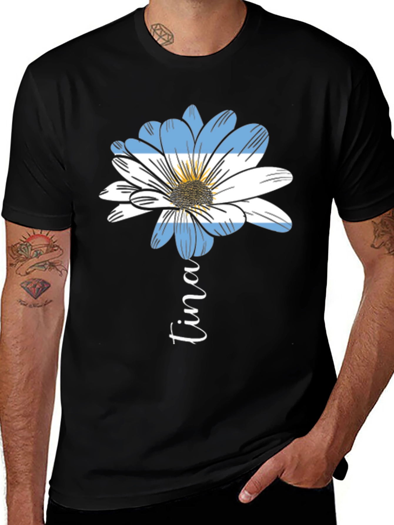 Argentina Flag Flower Tina Personalized Black T-Shirt