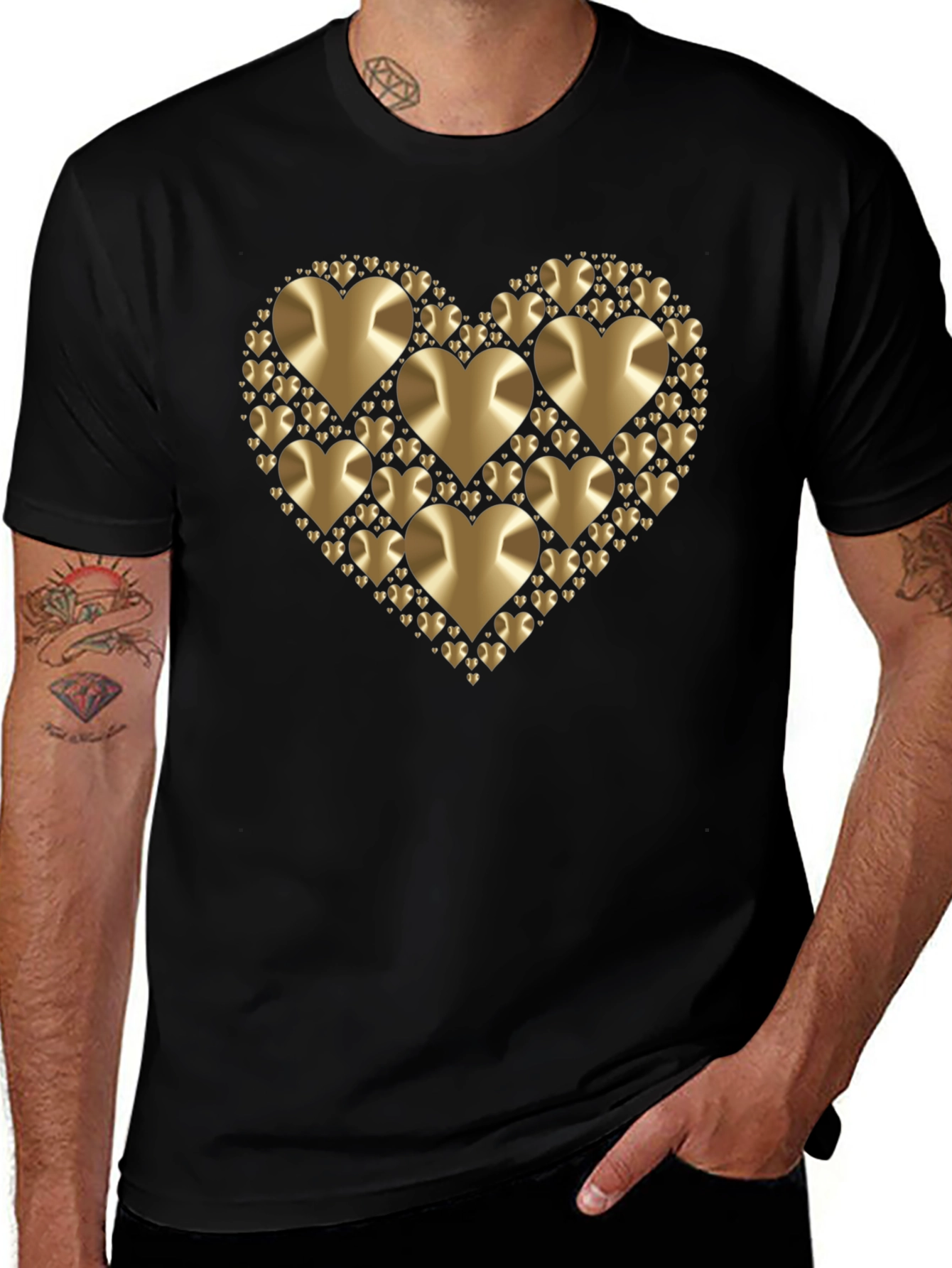 Black Golden Heart Graphic Black T-Shirt main image
