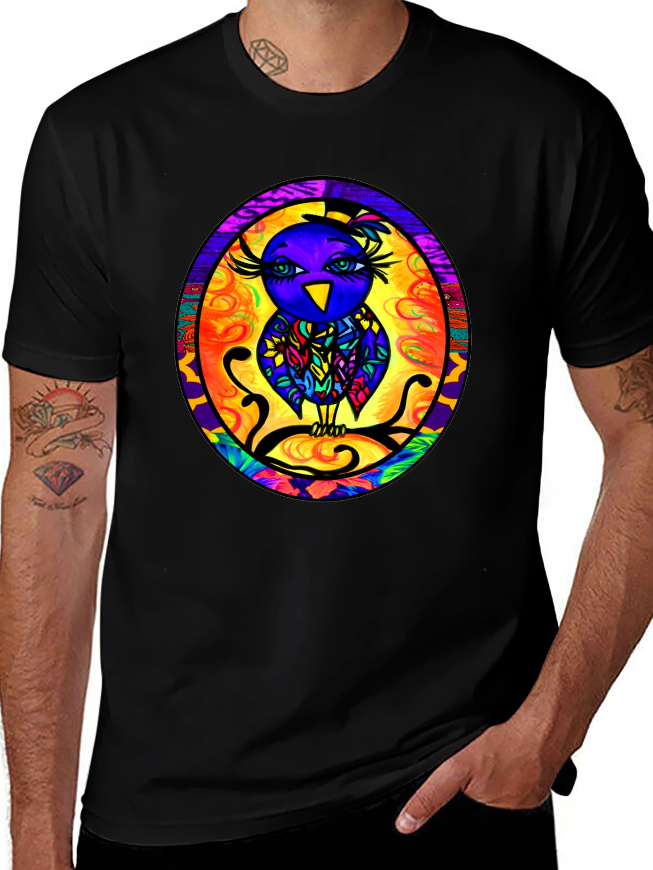 Variant 26 of Vibrant Owl Graphic Tee - Men's Black T-Shirt