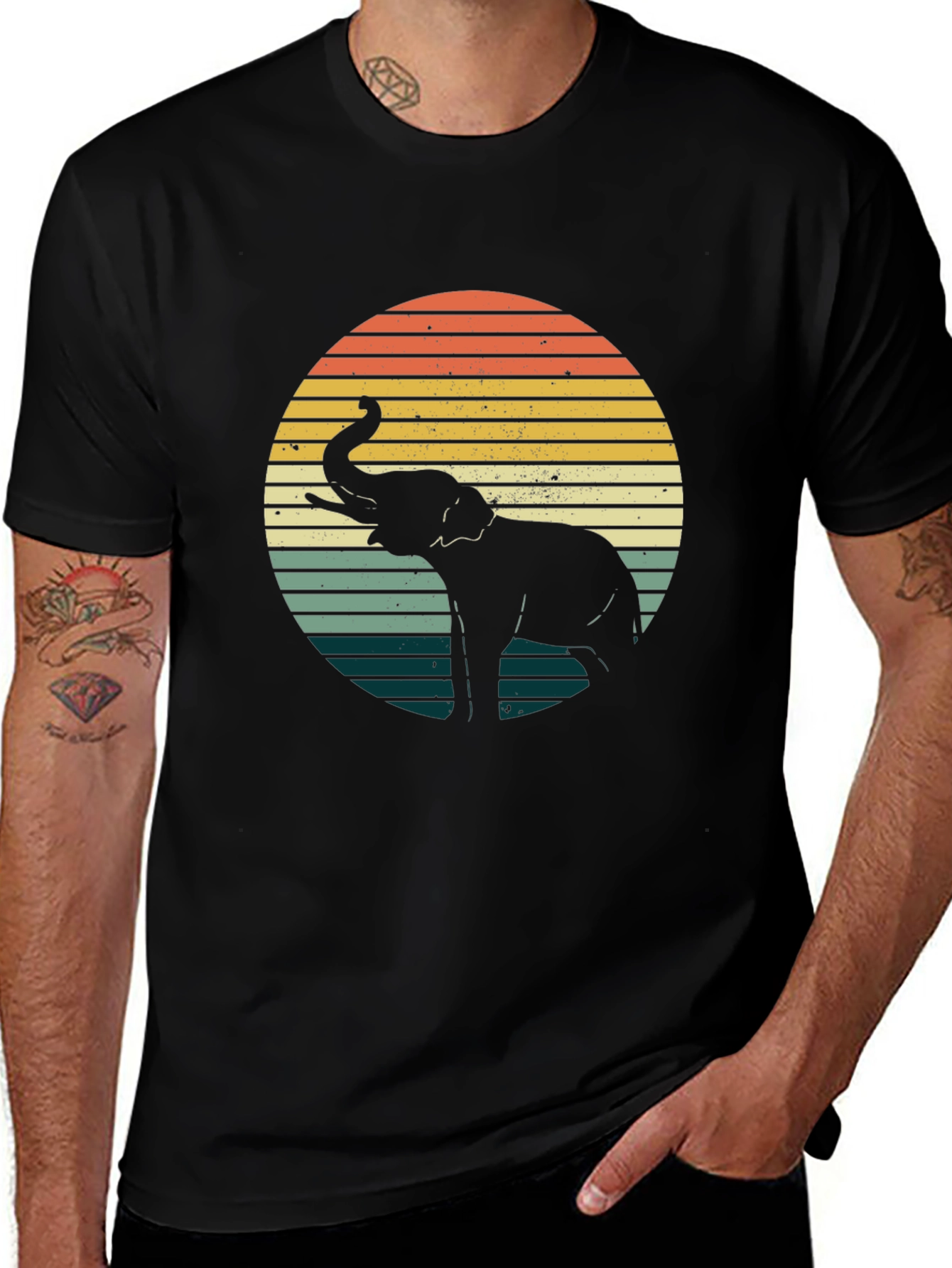 Variant 3 of Retro Elephant Sunset Graphic Tee - Black