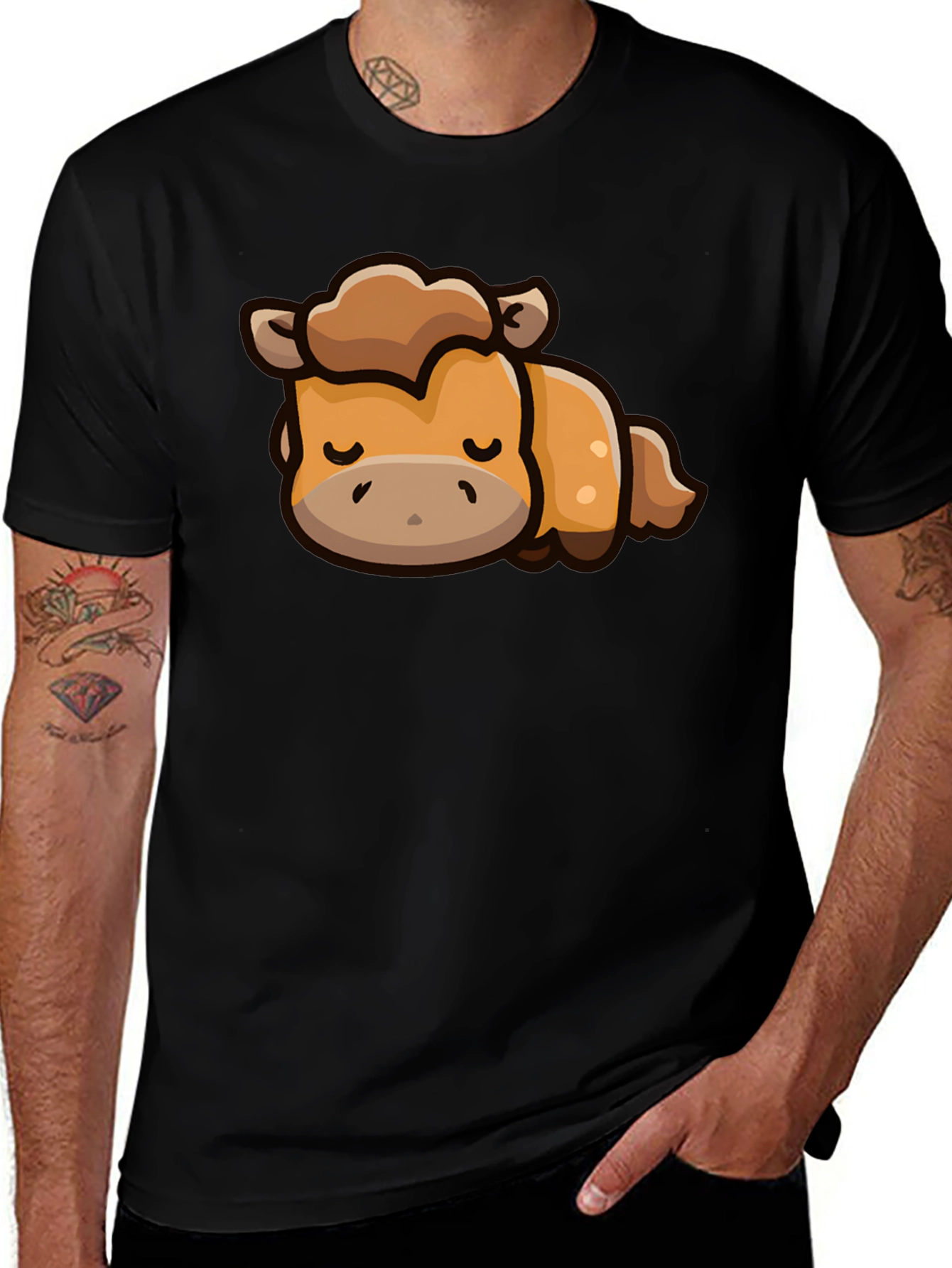 Cute Sleeping Pony Graphic Tee - Unisex Black T-Shirt