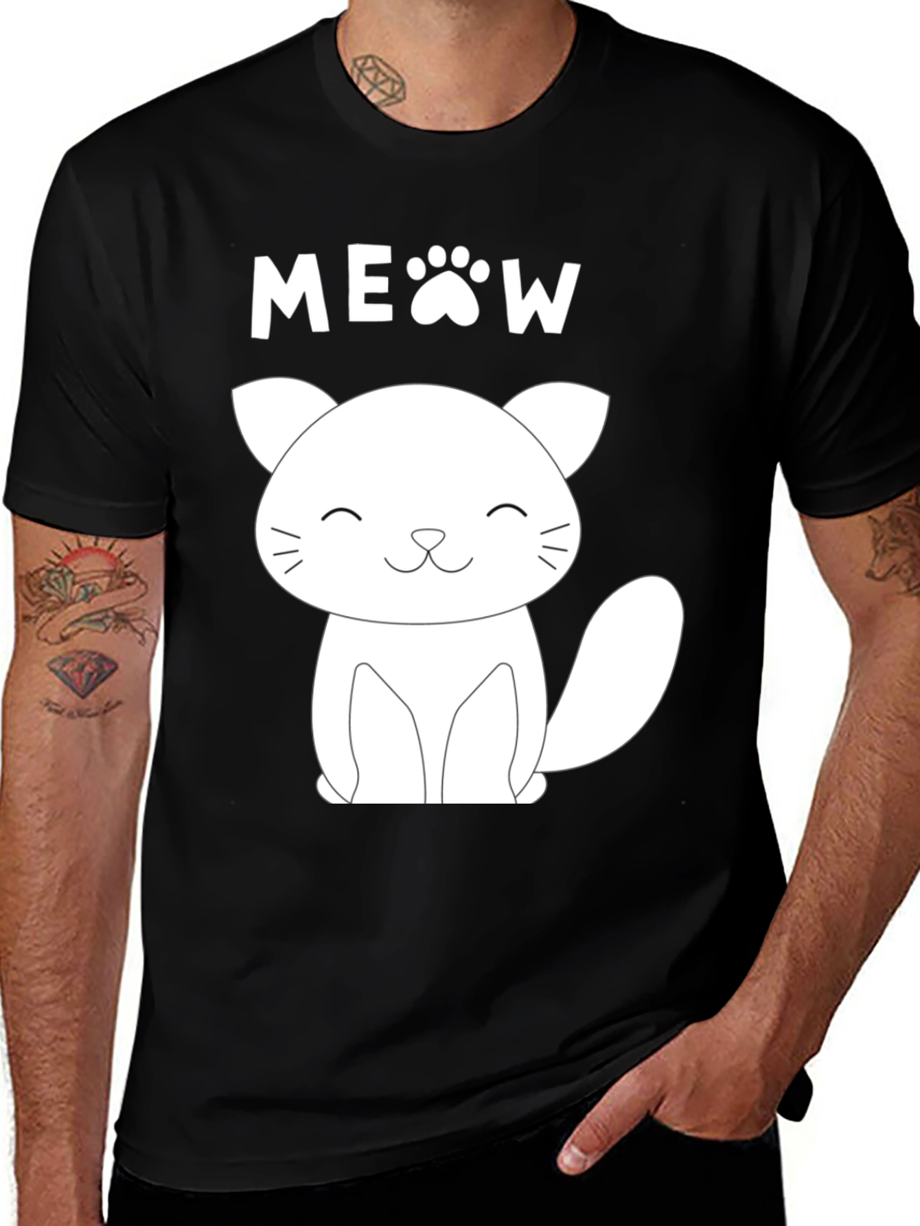 Variant 11 of Cute Cat MEOW Graphic Print Black T-Shirt