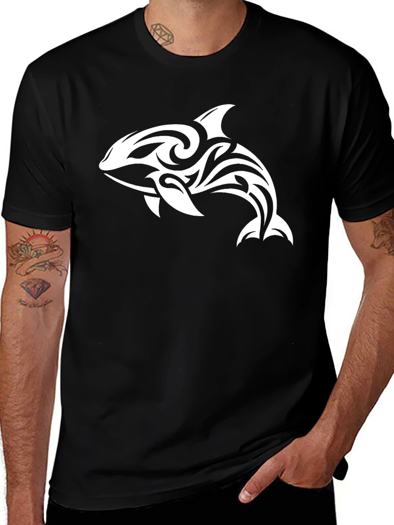 Variant 6 of Tribal Orca Graphic T-Shirt - Black Cotton Tee