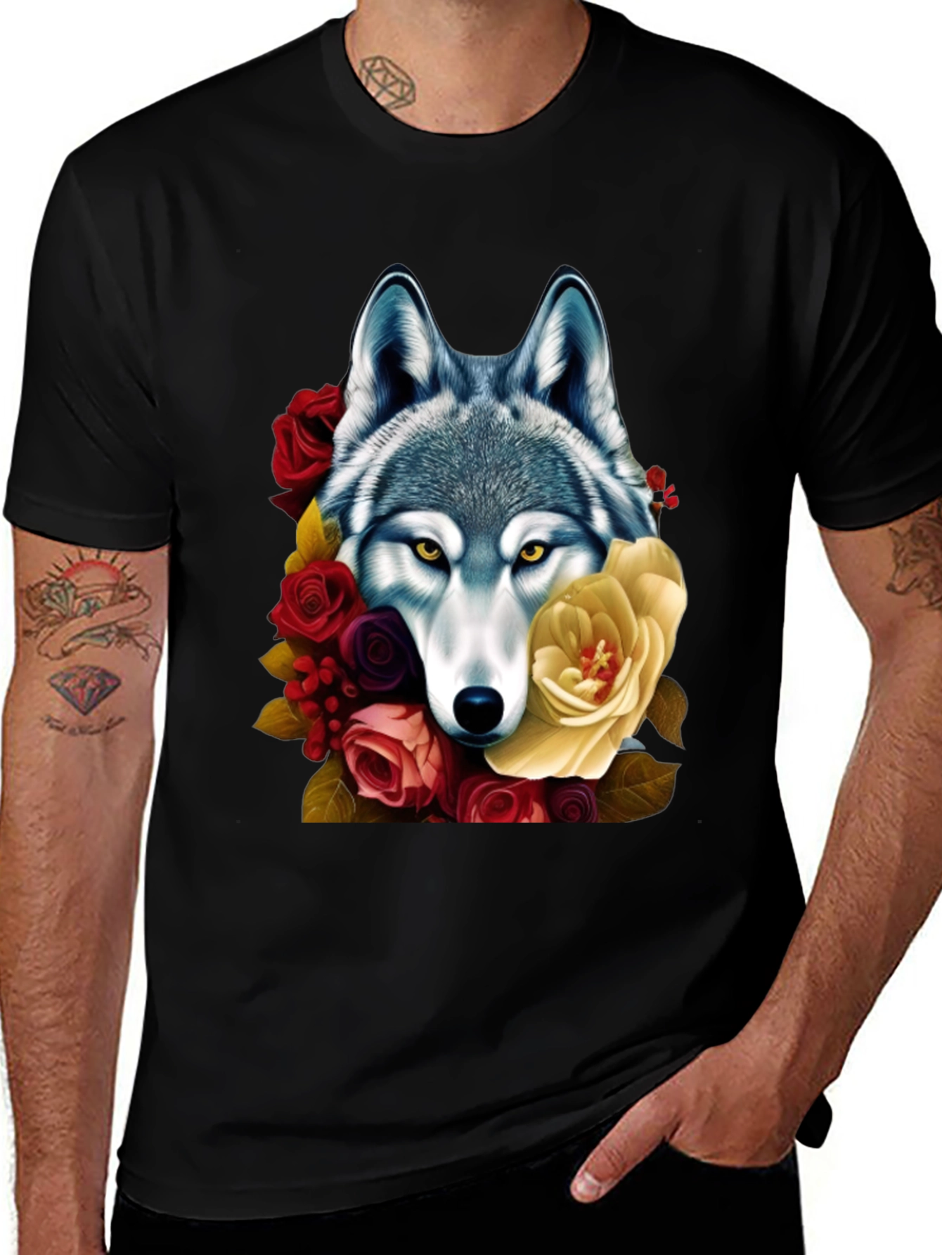Variant 21 of Wolf & Floral Graphic Tee - Men's Black T-Shirt