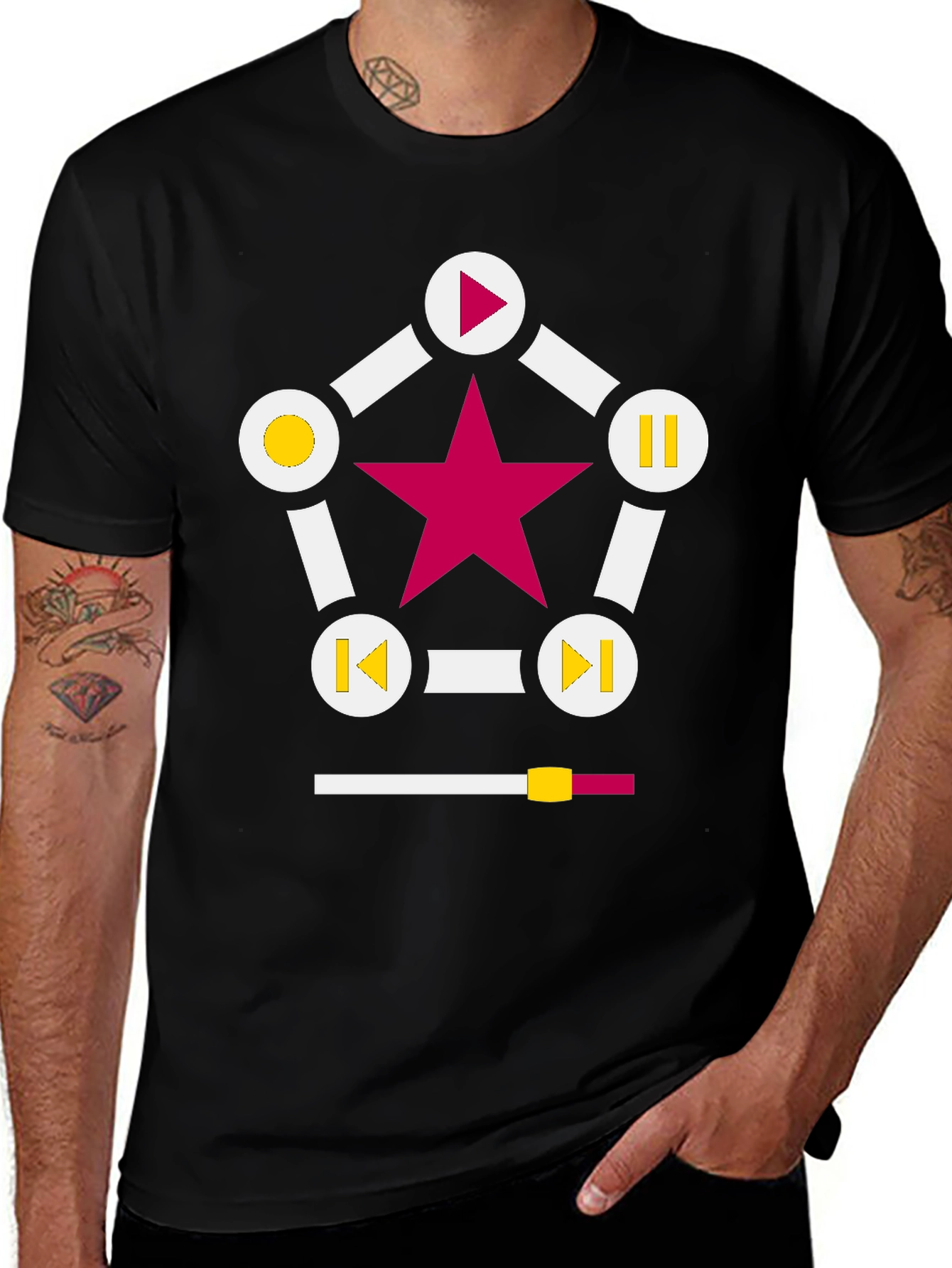 Black Retro Music Star T-Shirt - Black, Play Pause Design main image