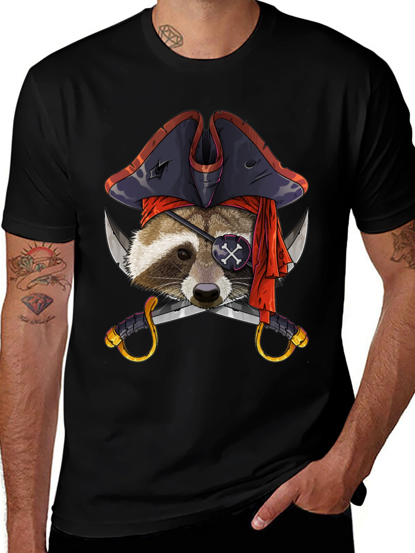 Variant 25 of Pirate Raccoon Graphic Tee - Mens Black T-Shirt