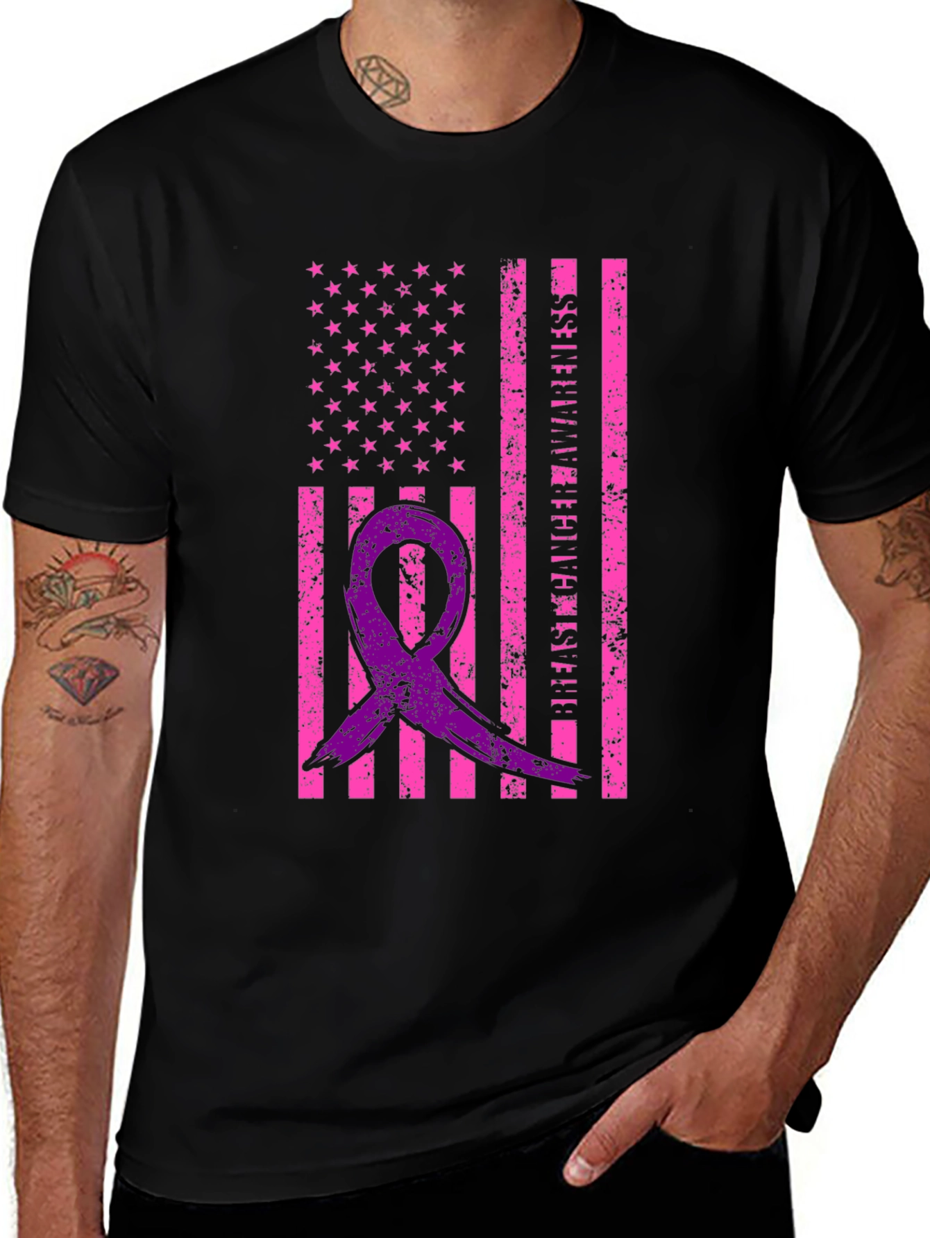 Variant 16 of Breast Cancer Awareness Ribbon USA Flag Graphic Tee