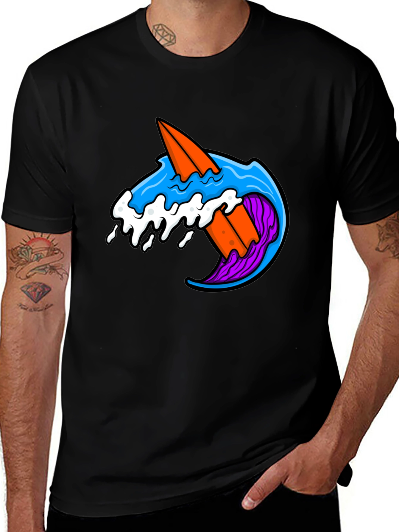 Variant 17 of Surfboard Wave Graphic Tee - Black Cotton T-Shirt